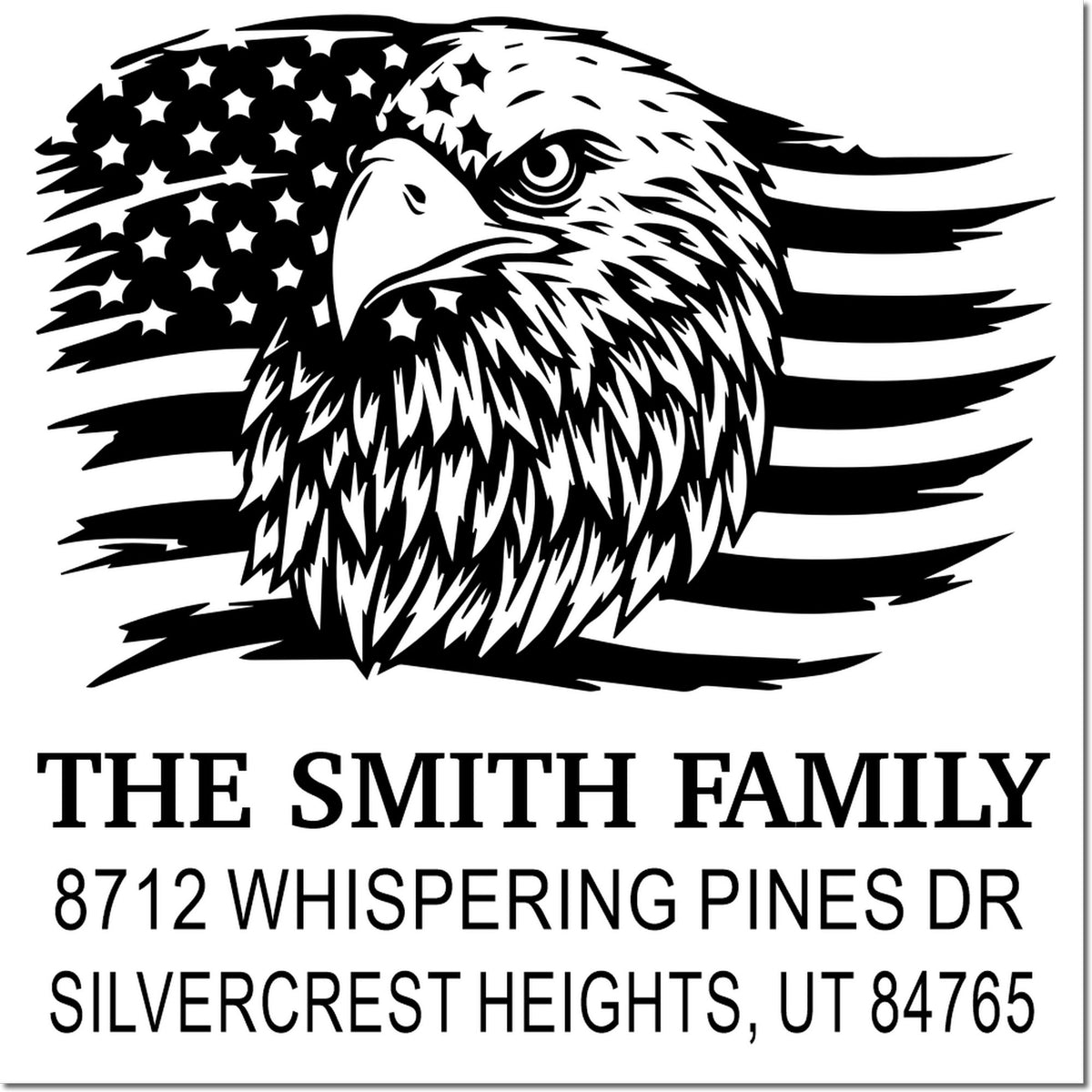 Custom address stamp with patriotic eagle and American flag design for The Smith Family, 8712 Whispering Pines Dr, Silvercrest Heights, UT 84765