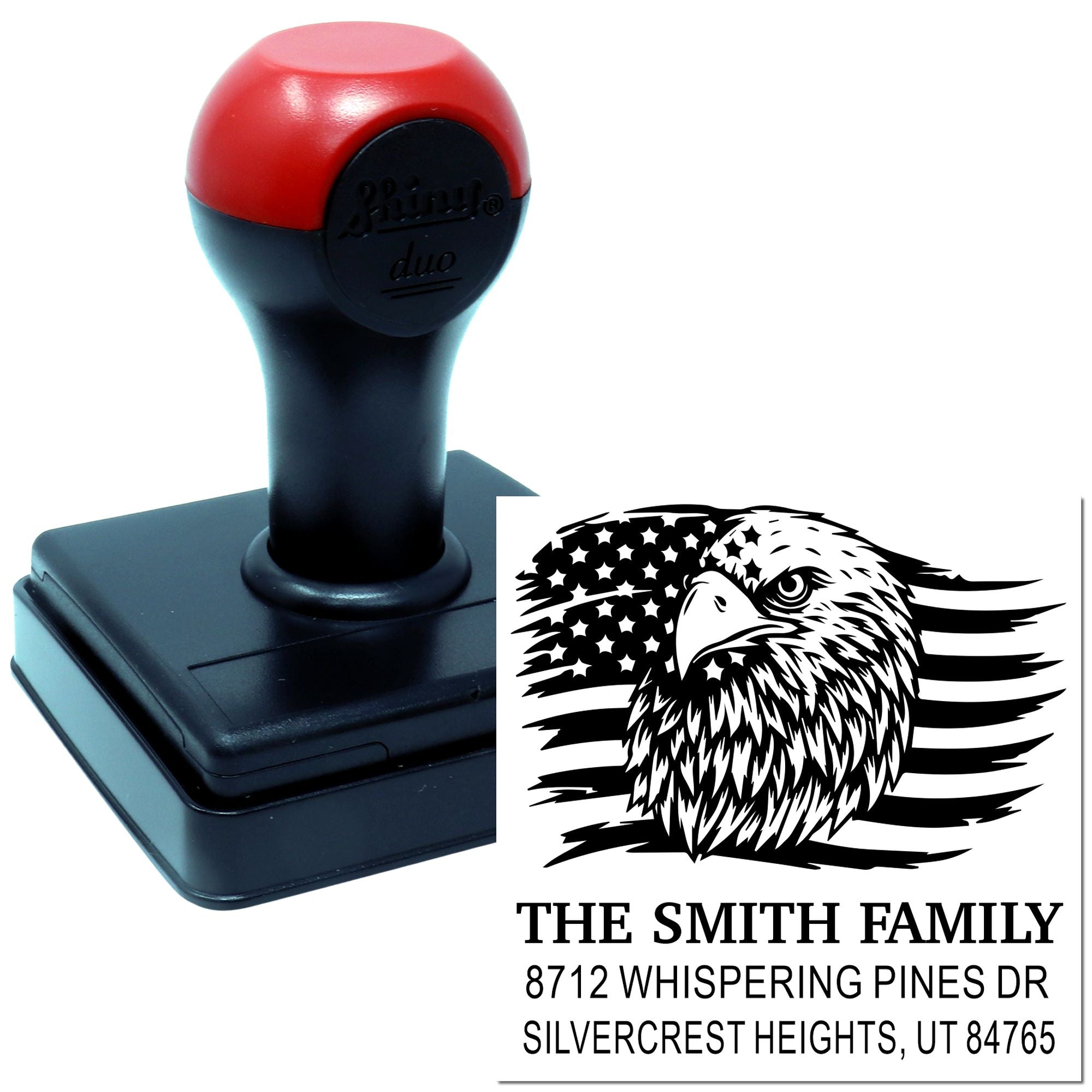 Custom self-inking rubber stamp with eagle and American flag design, personalized address imprint for envelopes, mailings, and business use.