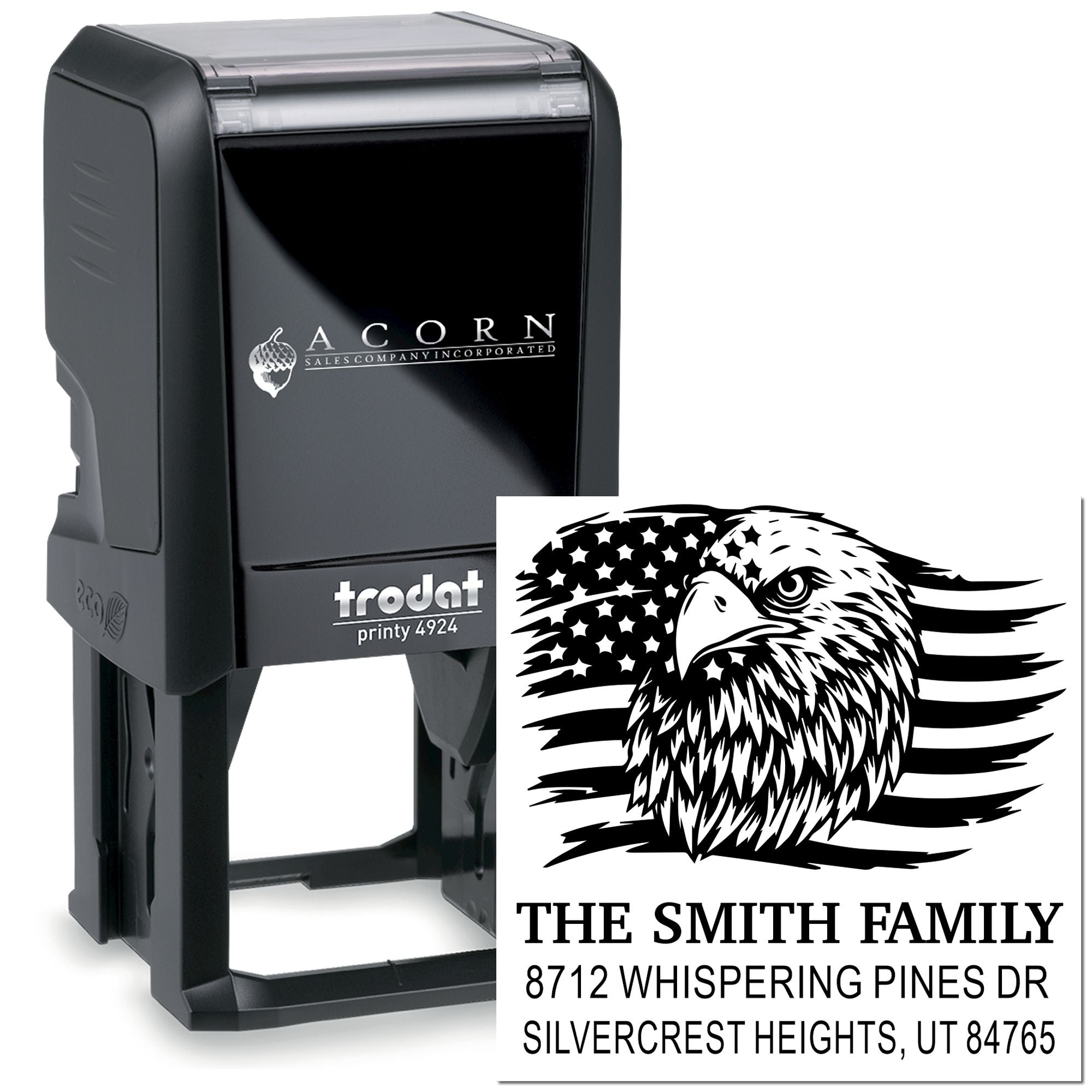 Custom self-inking rubber address stamp with eagle design, personalized family name and return address, ideal for mailing, branding, and home use