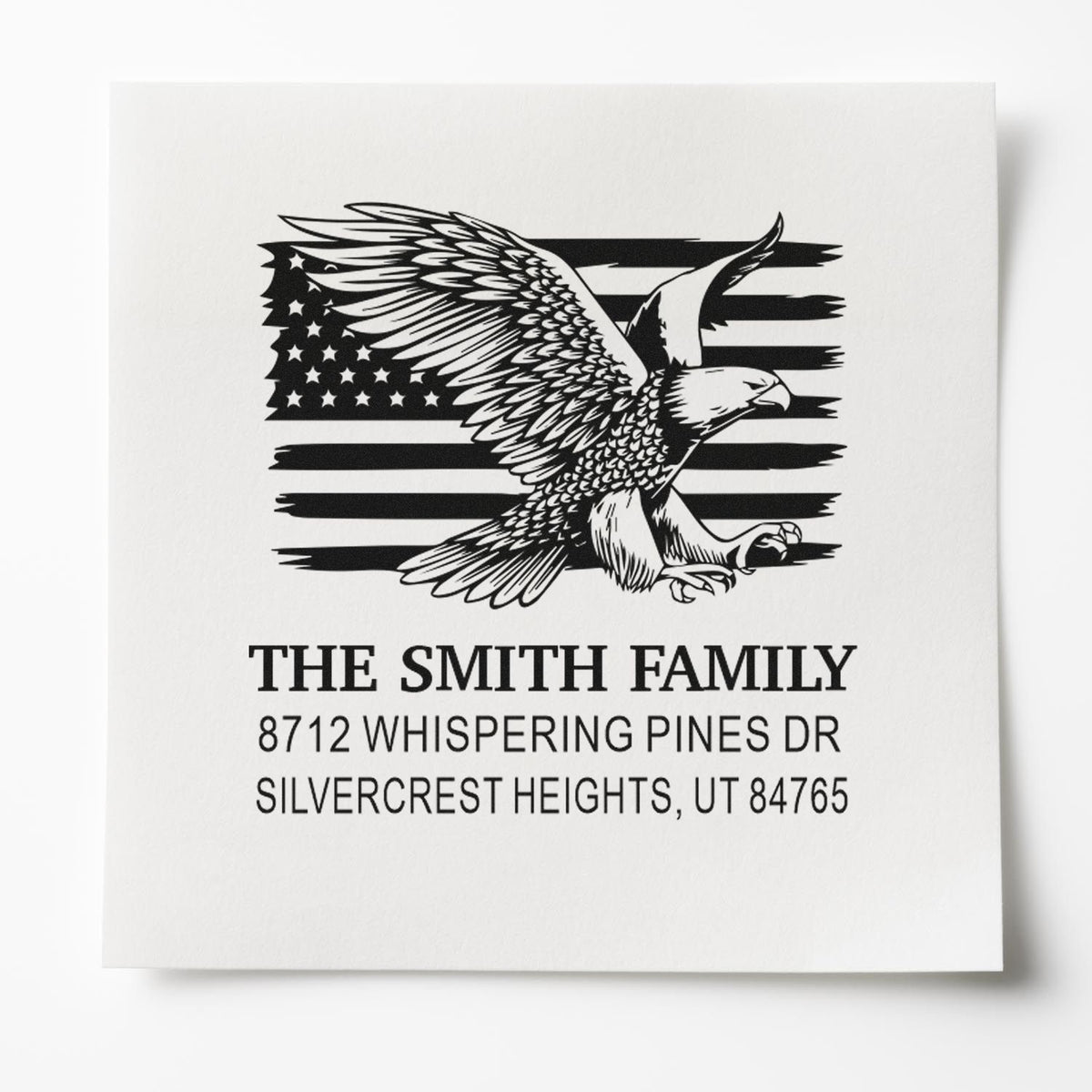 Personalized address stamp with eagle over distressed American flag, featuring The Smith Family and Silvercrest Heights, UT on a white background.
