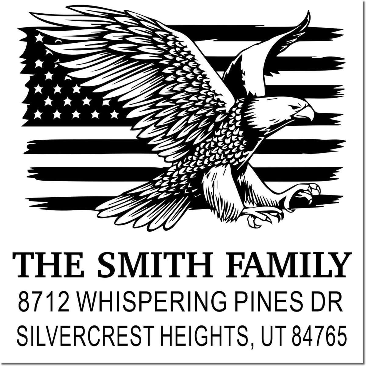 Custom family address stamp with soaring eagle over American flag, reading The Smith Family, 8712 Whispering Pines Dr, Silvercrest Heights, UT 84765.