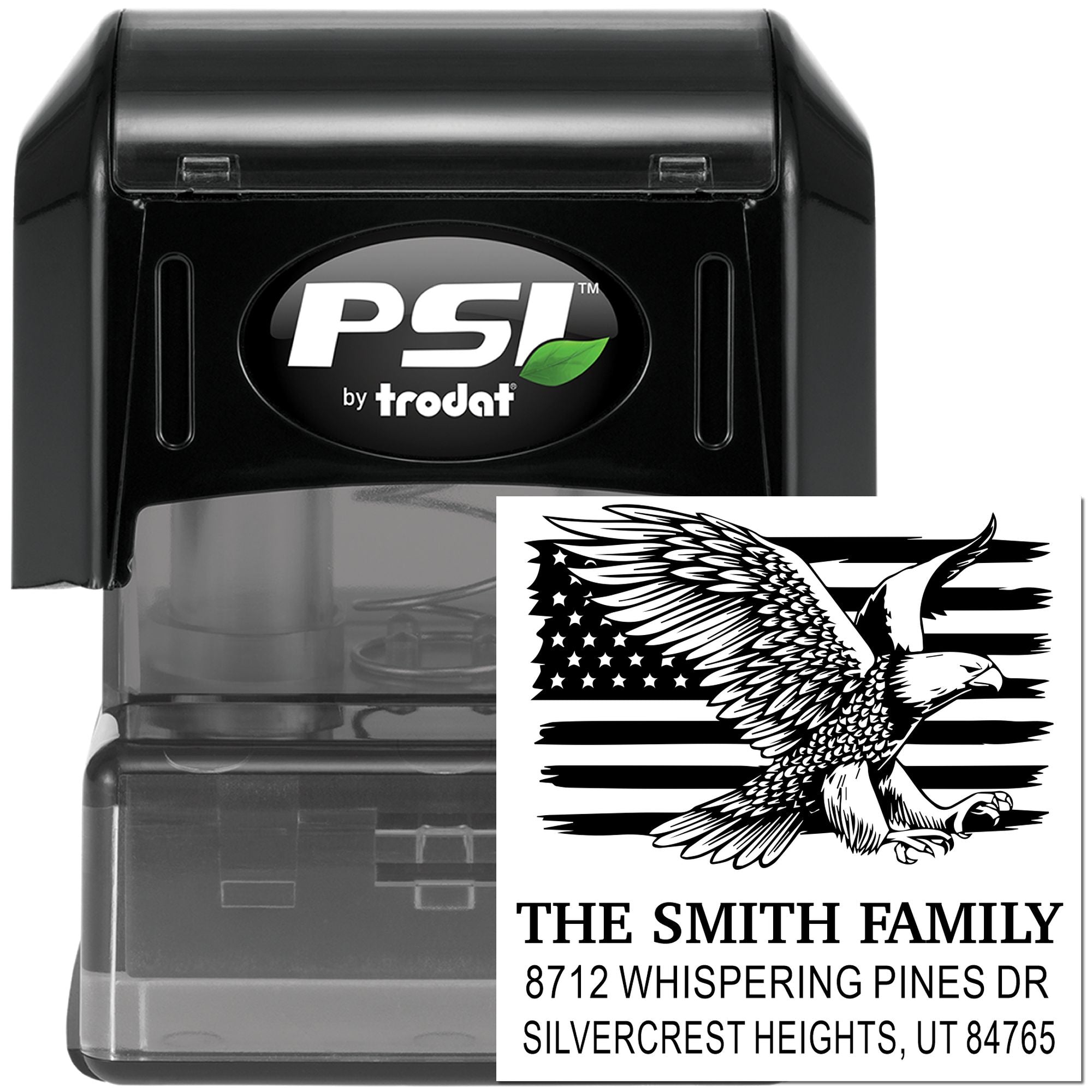 PSI by Trodat self-inking custom address stamp with eagle and American flag design for The Smith Family, 8712 Whispering Pines Dr, Utah 84765