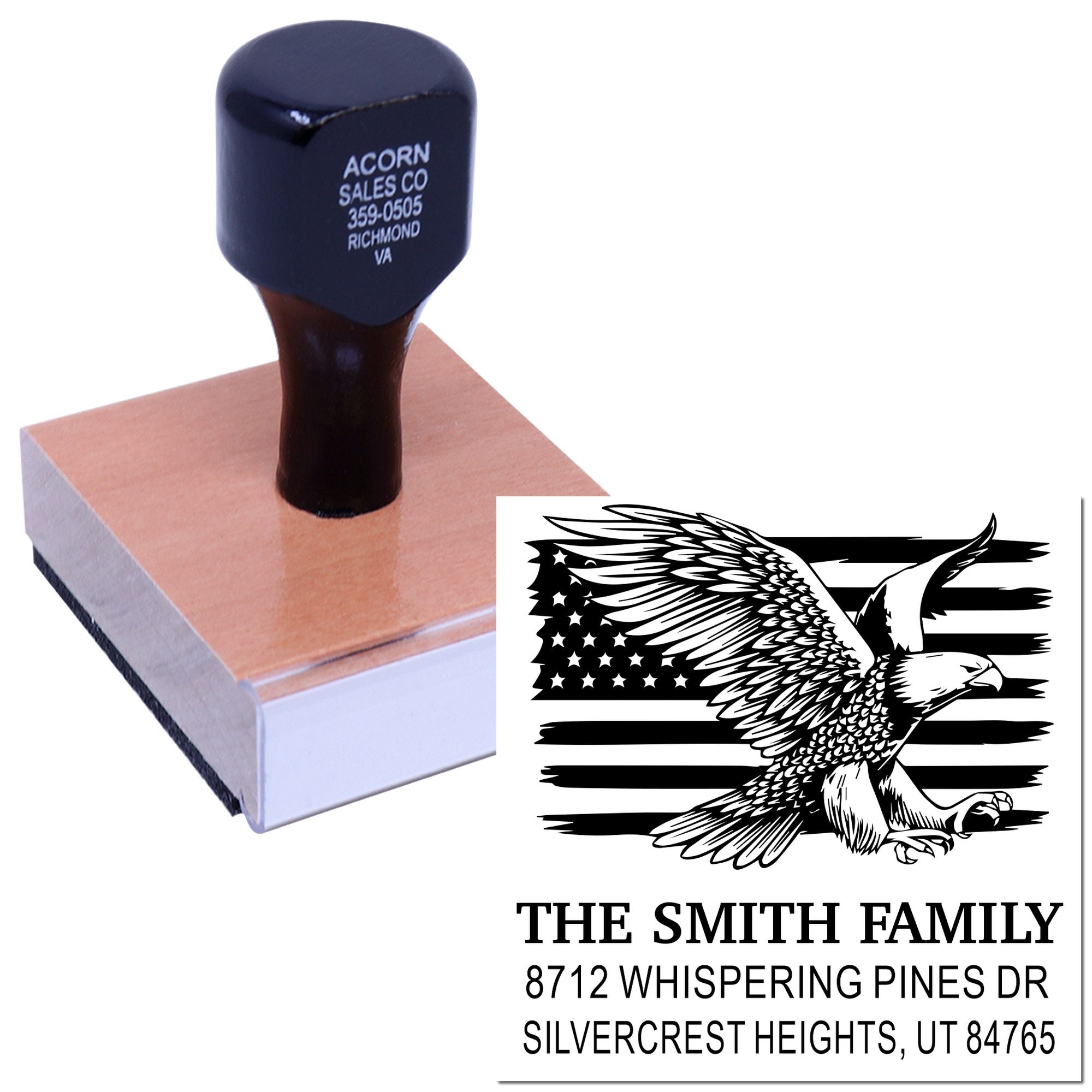 Custom rubber address stamp with eagle and American flag design, personalized family name and mailing address for envelopes, cards, and crafts
