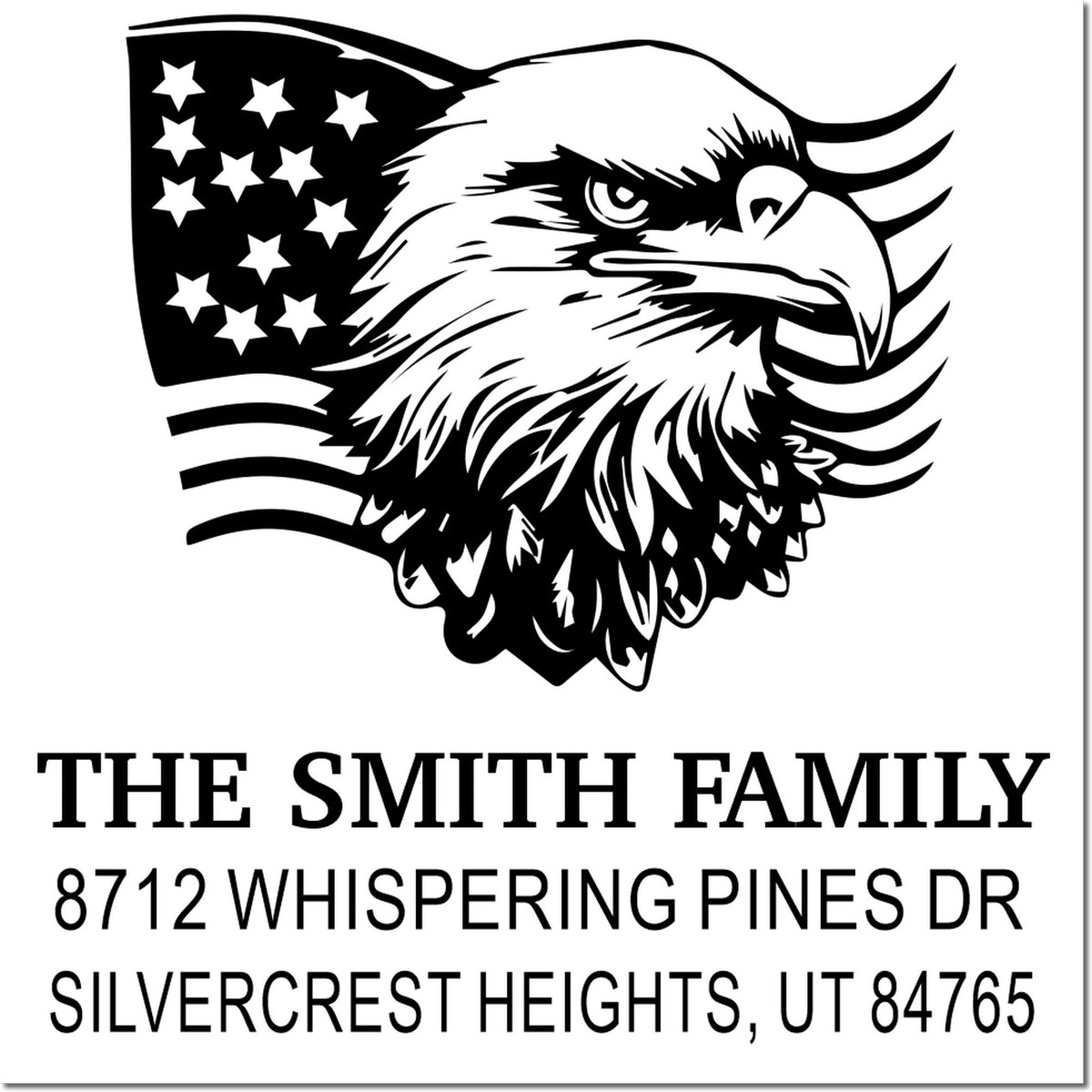 Custom return address stamp featuring bald eagle and American flag, The Smith Family, 8712 Whispering Pines Dr, Silvercrest Heights, UT 84765