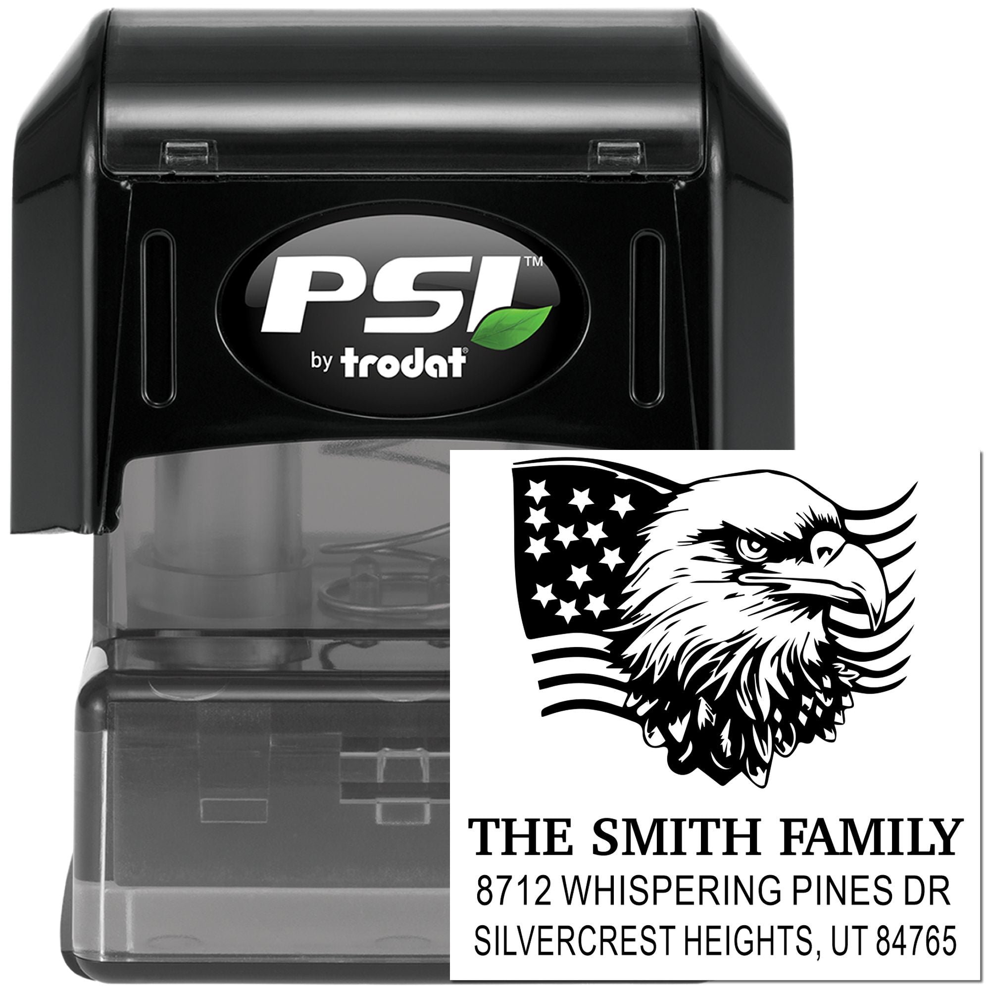 Custom self-inking rubber address stamp with patriotic eagle design, The Smith Family, 8712 Whispering Pines Dr, Silvercrest Heights, UT 84765