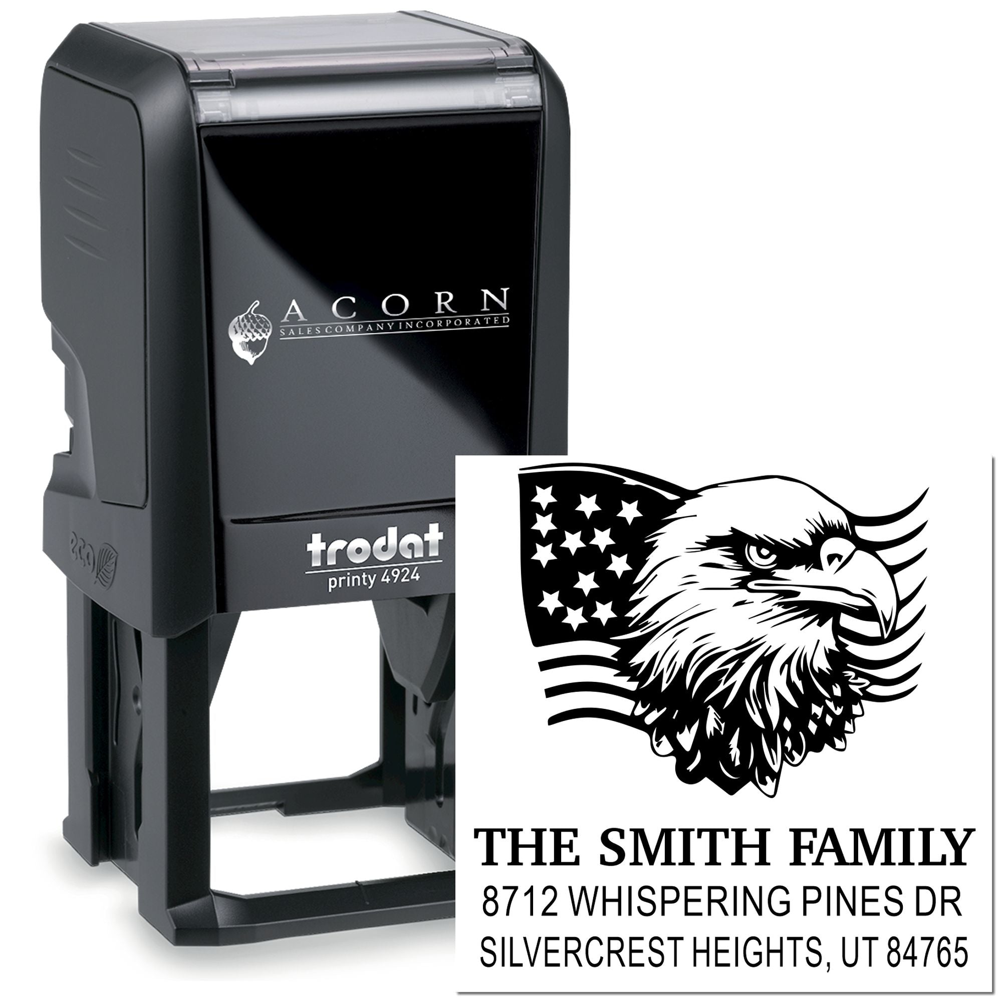 Custom self-inking address stamp with eagle and American flag design for The Smith Family, 8712 Whispering Pines Dr, Silvercrest Heights, UT 84765