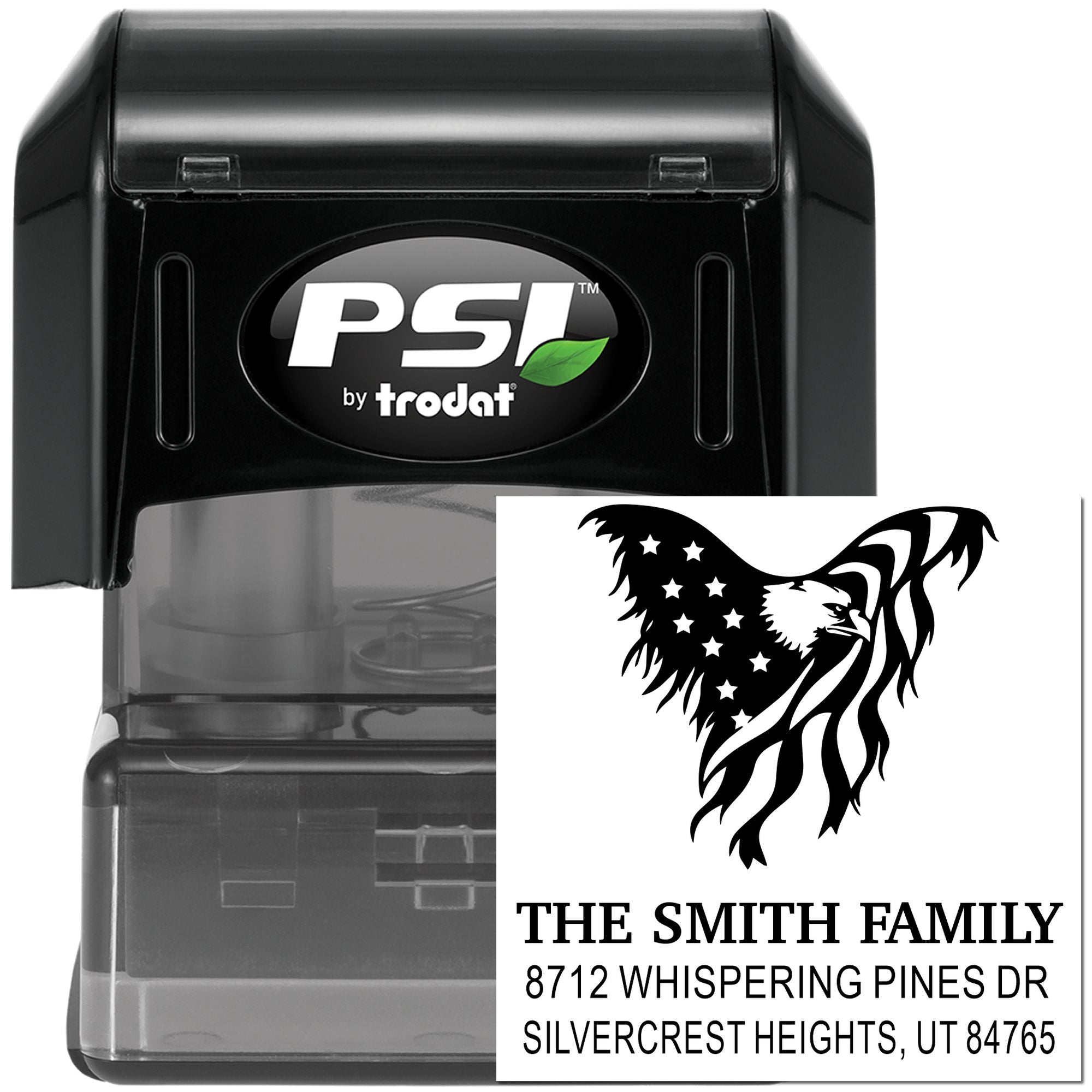 Self-inking PSI by Trodat address stamp with patriotic eagle design, showing The Smith Family name and Silvercrest Heights, UT address.