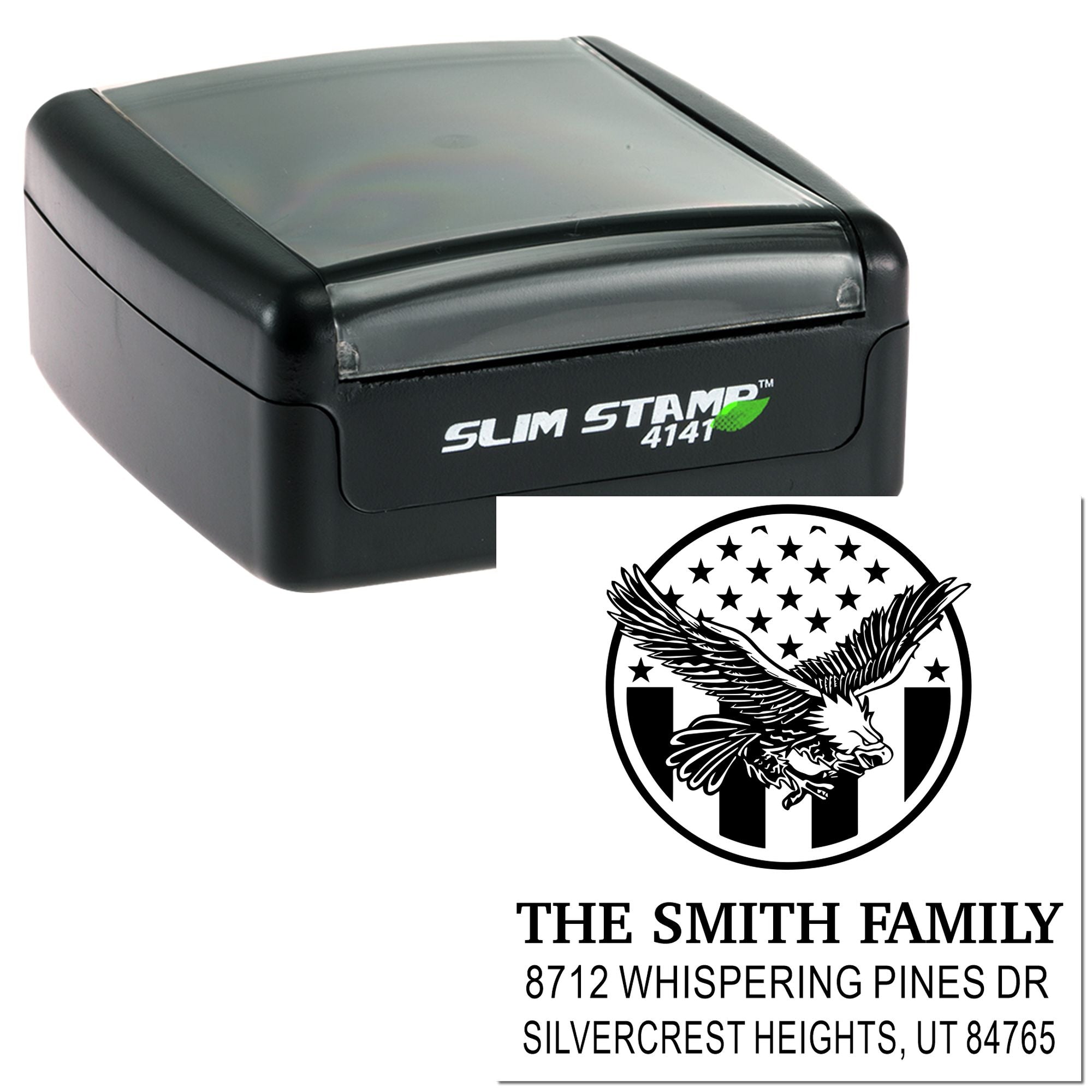 Custom self-inking rubber stamp with eagle monogram return address design and family name, black Slim Stamp 4141 for mailing, office, and business use