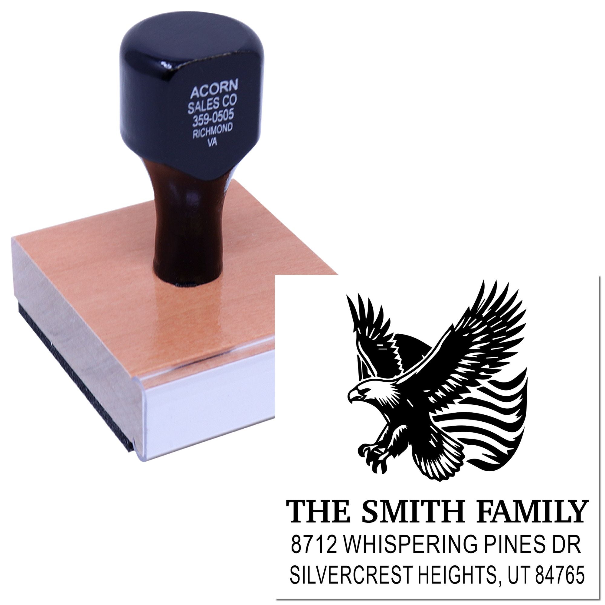 Custom rubber address stamp with eagle logo and family name, self-inking design for personalized mailing, business branding and return address use.