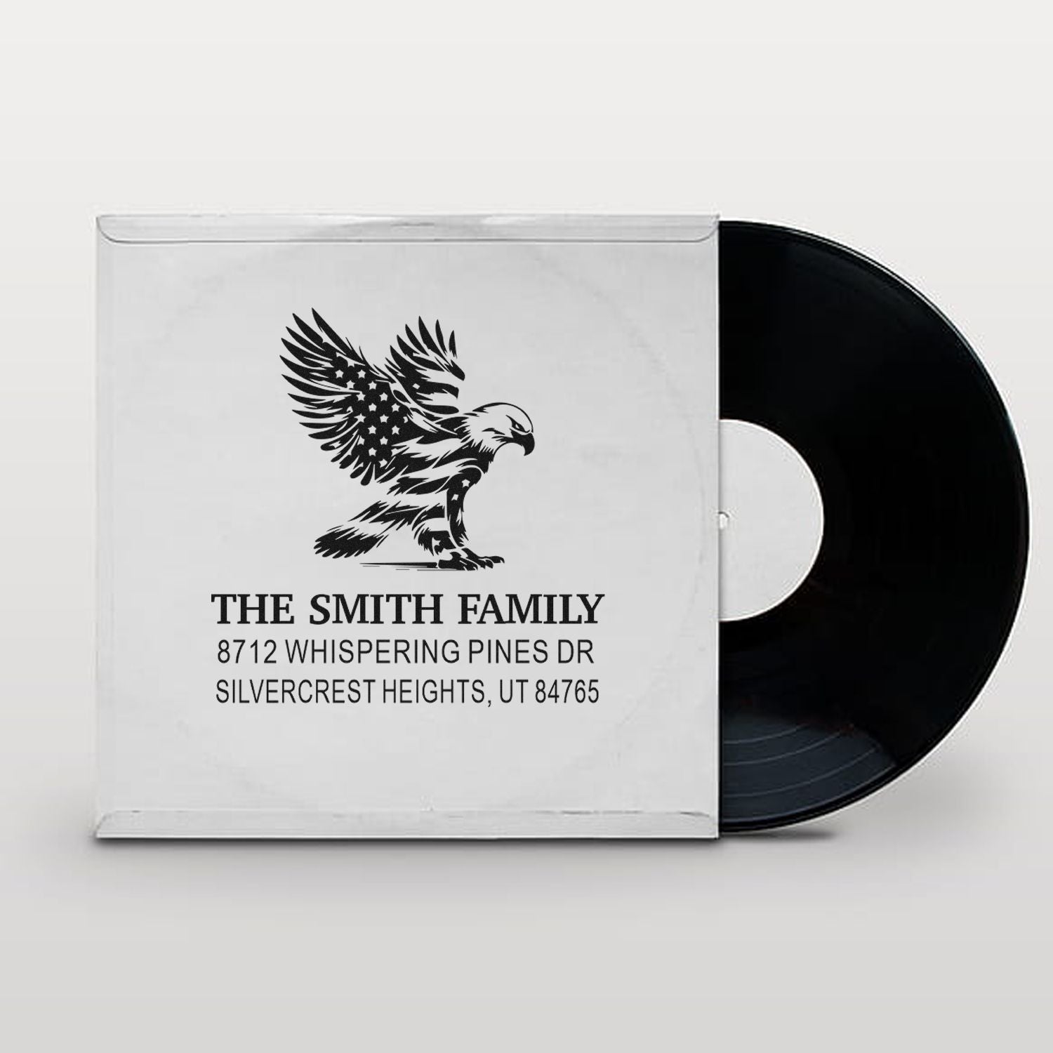 Custom rubber stamp with eagle design and The Smith Family return address, including 8712 Whispering Pines Dr, Silvercrest Heights, UT 84765.