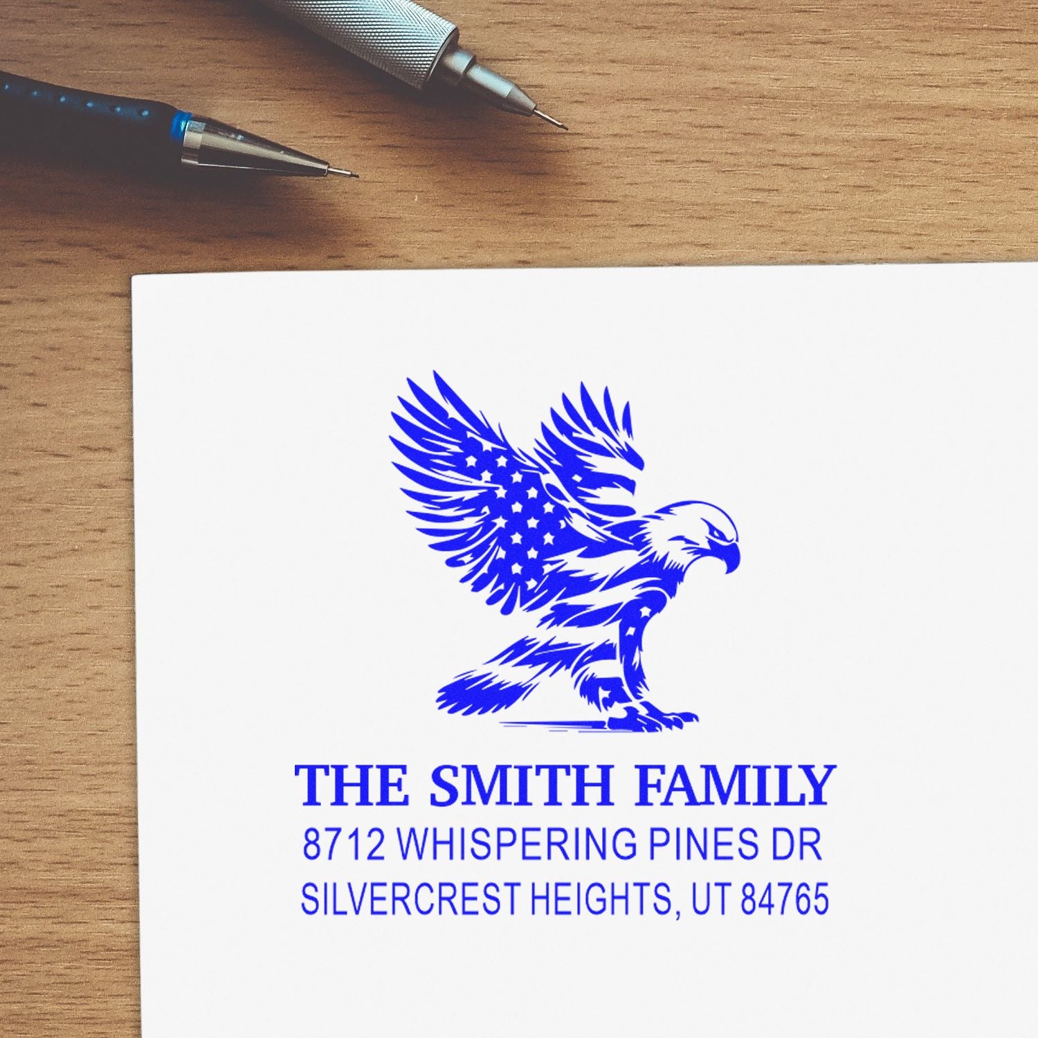Custom patriotic rubber address stamp with eagle design, The Smith Family name, and Silvercrest Heights, UT return address for mailing envelopes