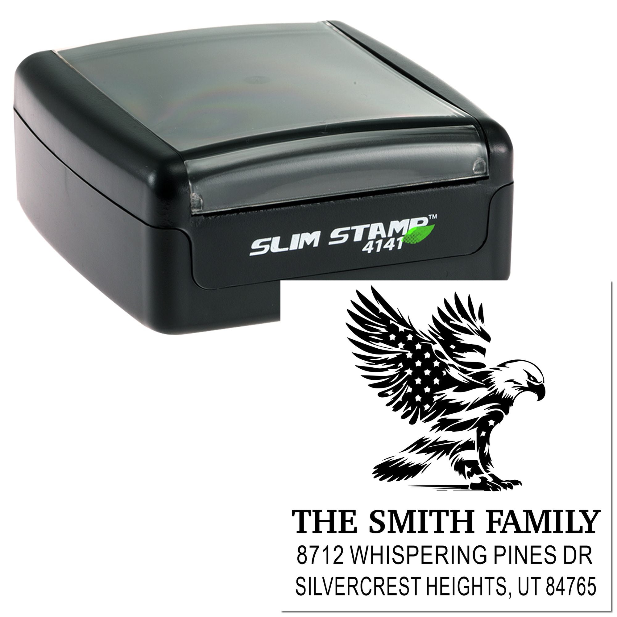 Slim Stamp 4141 custom self-inking rubber stamp with eagle family return address design, name, and address for personalized mailing use