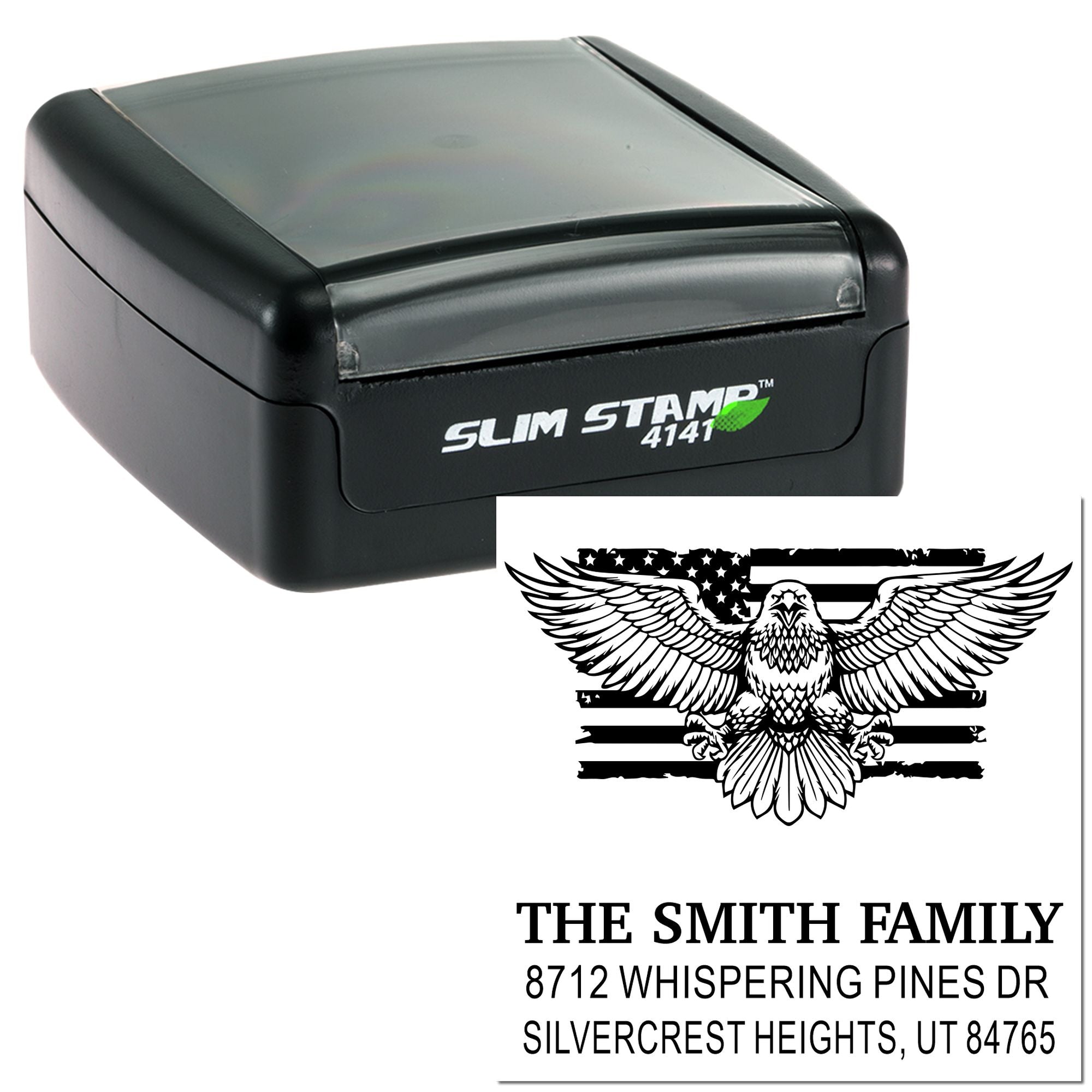 Custom self-inking address stamp with eagle and American flag design, Slim Stamp 4141, personalized family name and return mailing address