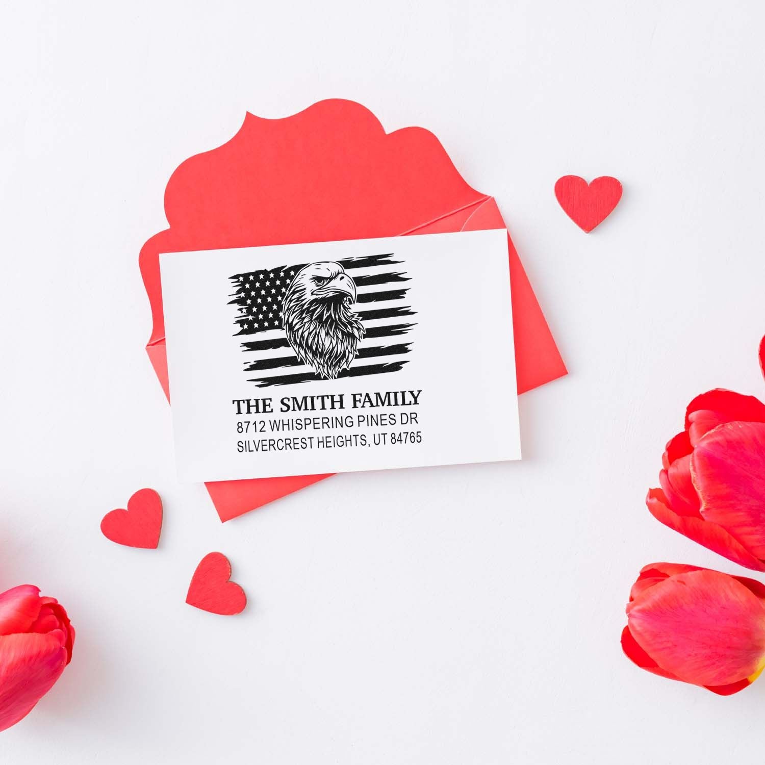 Custom rubber address stamp with eagle and American flag design, personalized Smith family return address, ideal for envelopes and holiday mail.