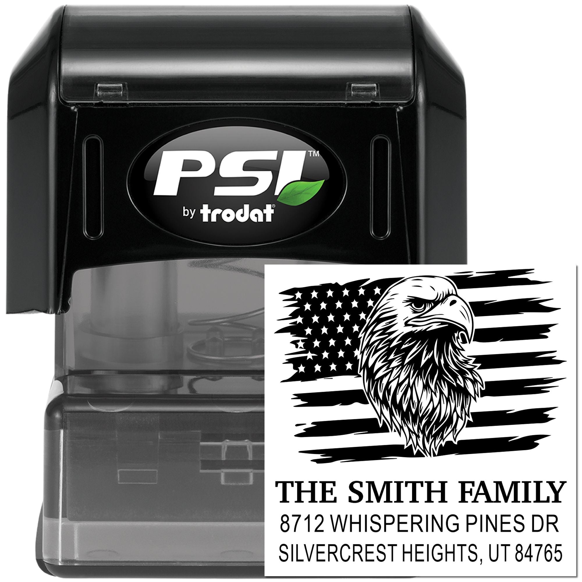 Custom self-inking rubber address stamp with bald eagle American flag design, Smith family name, and Silvercrest Heights, UT return address.