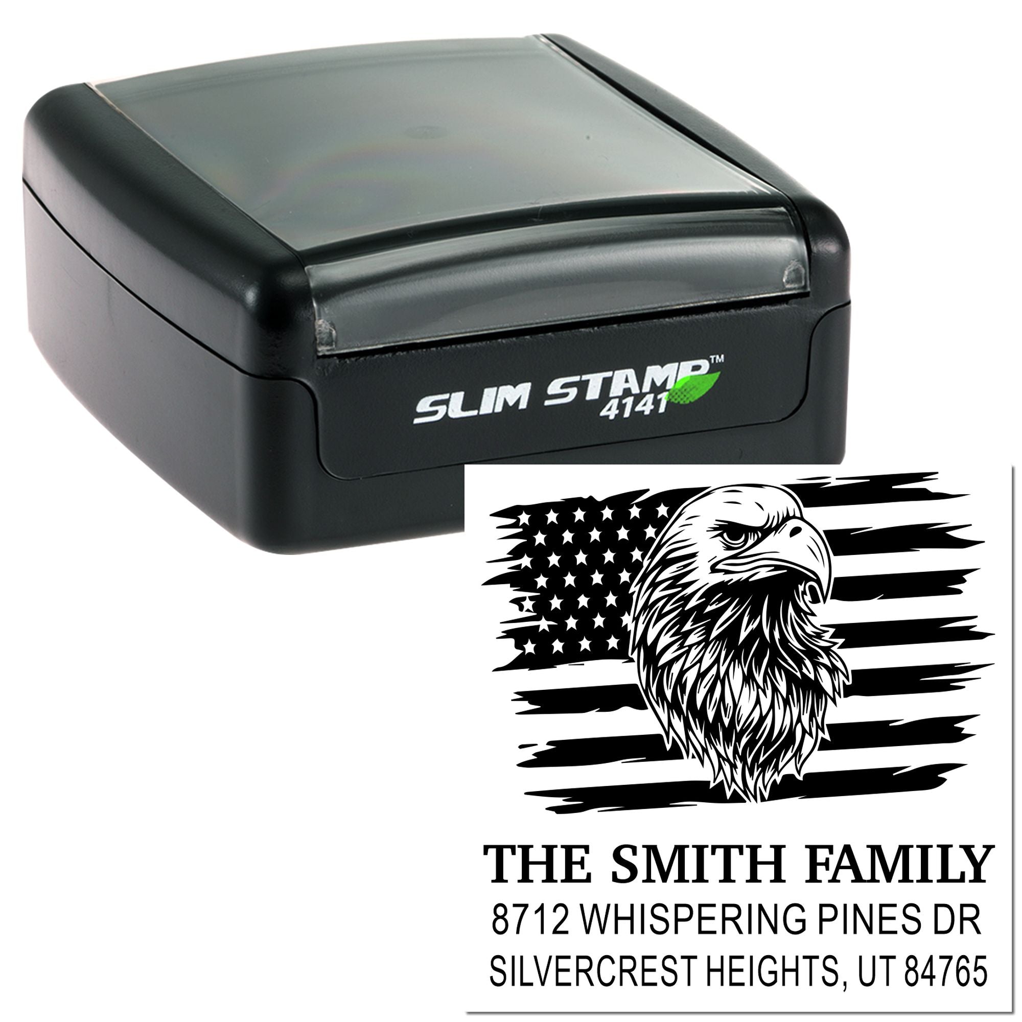 Custom Slim Stamp 4141 rubber address stamp with eagle and American flag design, The Smith Family name, and personalized mailing address