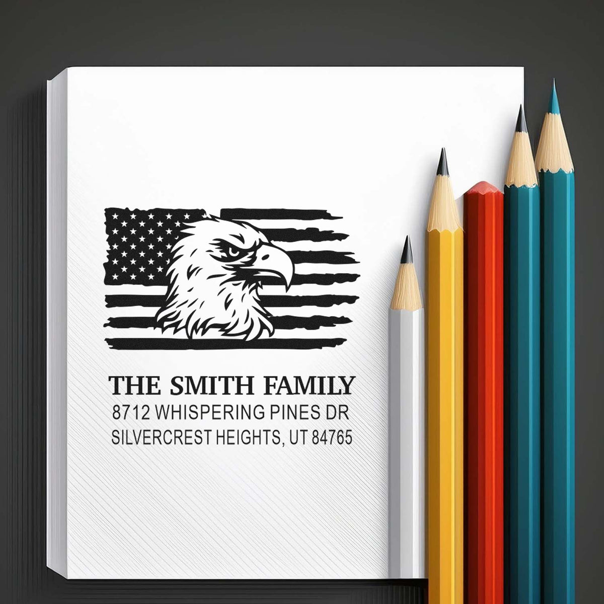 Custom family return address rubber stamp with bald eagle and American flag design, featuring the Smith family name and address for patriotic mail.