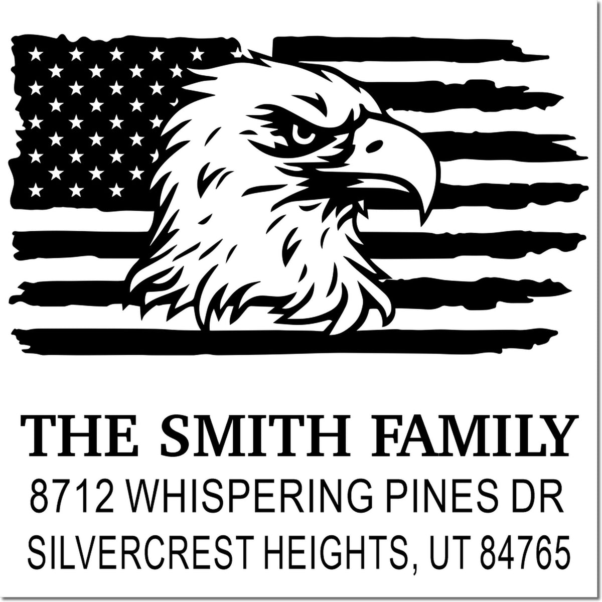 Custom rubber address stamp featuring bald eagle over distressed American flag with family name and home address for patriotic personalization