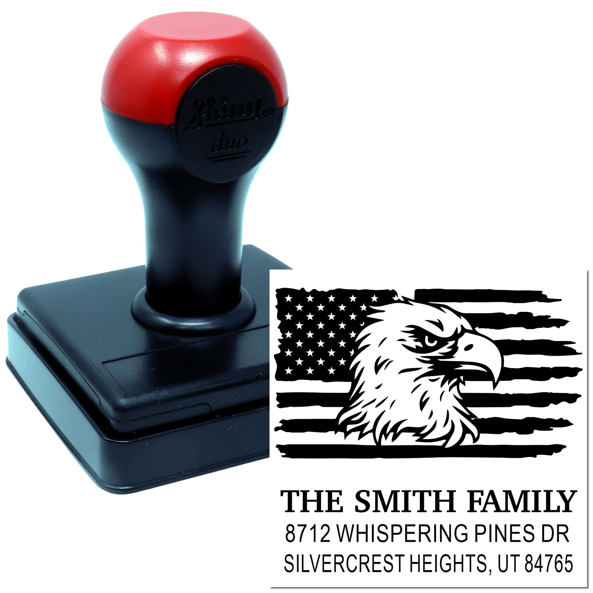 Custom self-inking rubber stamp with eagle American flag design, personalized The Smith Family return address stamp for envelopes and mail
