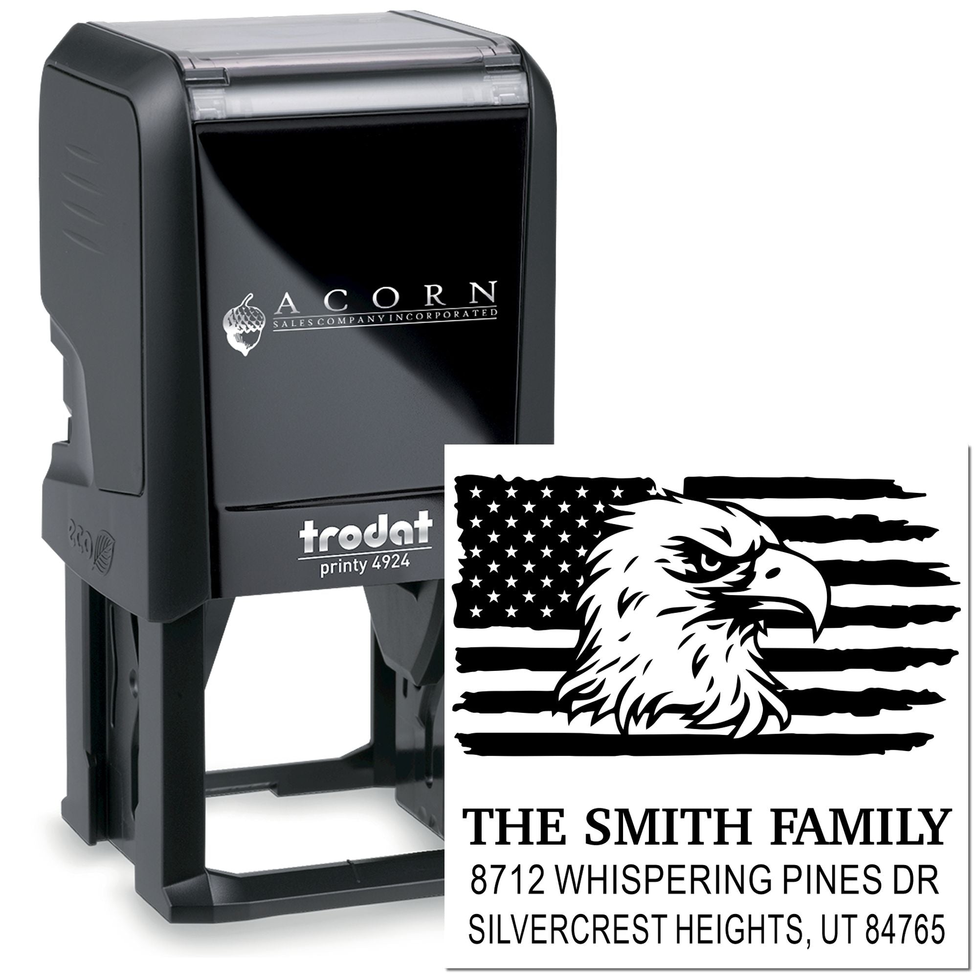 Custom self-inking Trodat Printy 4924 rubber stamp with eagle American flag design, Smith Family name and address for personalized mailing.