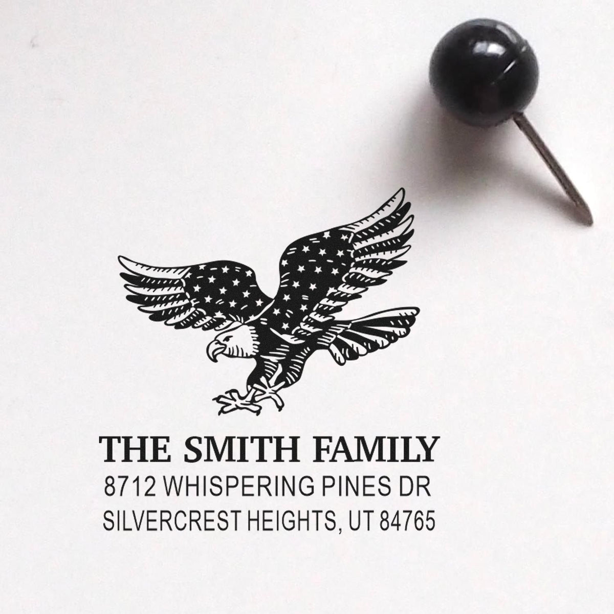 Custom family address rubber stamp with patriotic eagle design, personalized return address for The Smith Family, Silvercrest Heights, UT 84765