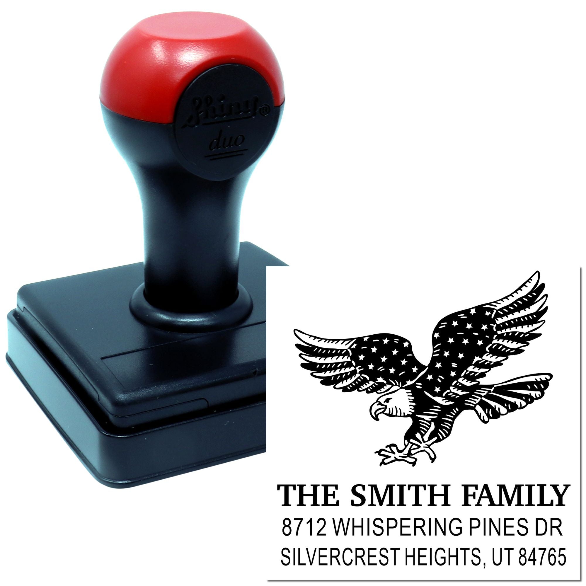 Custom self-inking rubber stamp with eagle design, The Smith Family return address, and durable black-and-red stamp handle for home mailings and envelopes.