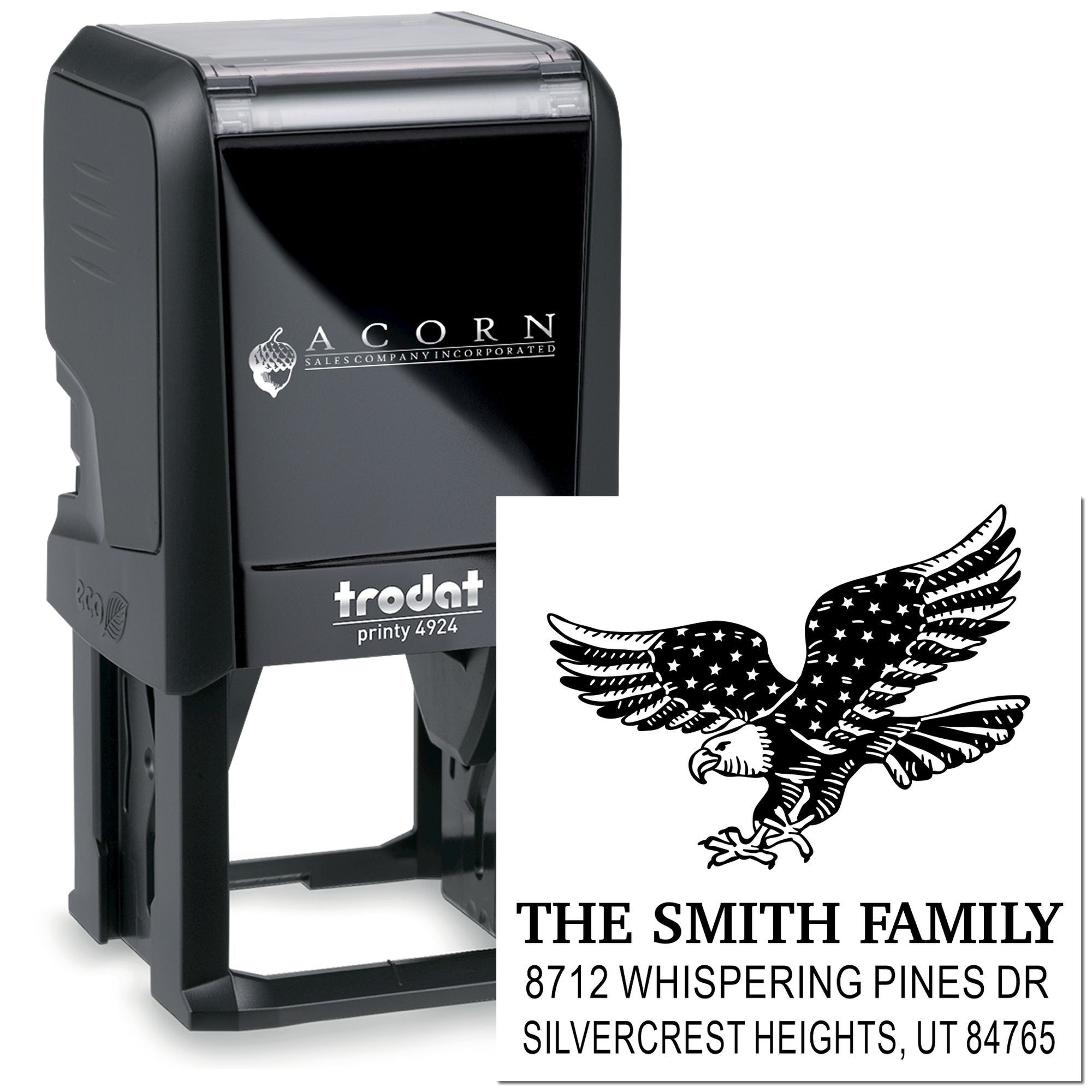 Custom self-inking rubber address stamp with eagle design, featuring The Smith Family return mailing address and Trodat Printy style stamp body