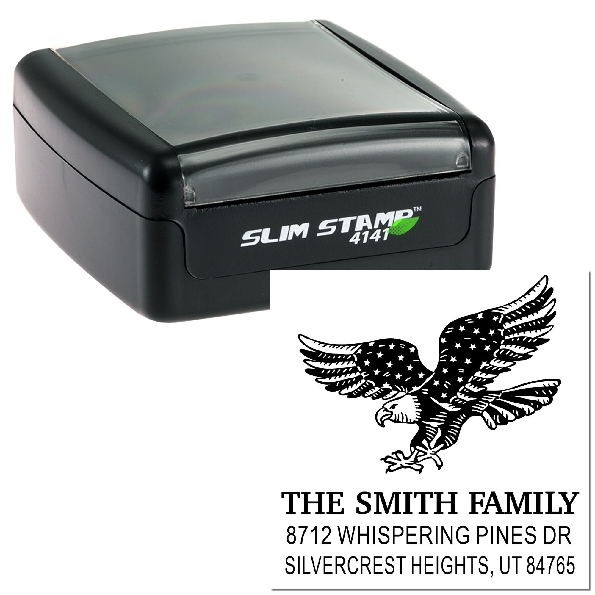 Slim Stamp 4141 rubber stamp with eagle design and custom return address for The Smith Family, Whispering Pines Dr, Silvercrest Heights, UT 84765