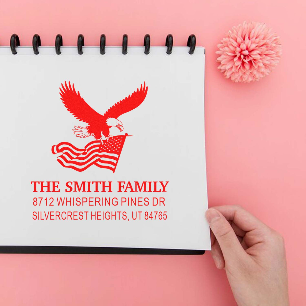 Custom patriotic rubber stamp with eagle and waving American flag, featuring The Smith Family return address for envelopes, cards and mailing labels.