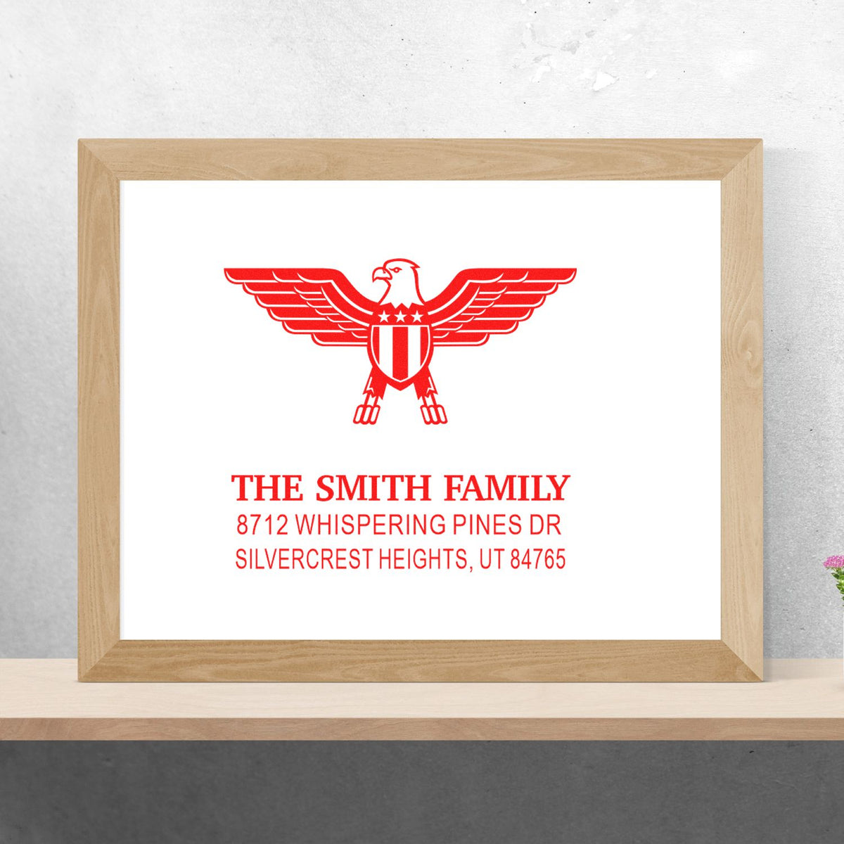 Personalized family return address rubber stamp with red eagle crest, The Smith Family name, and Silvercrest Heights, UT mailing address.