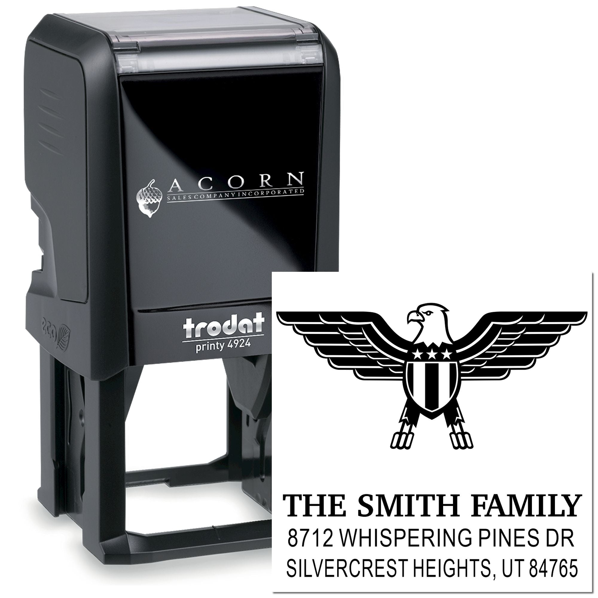 Custom self-inking rubber stamp, Trodat Printy 4924, with eagle logo and family return address for personalized business or home mailing.