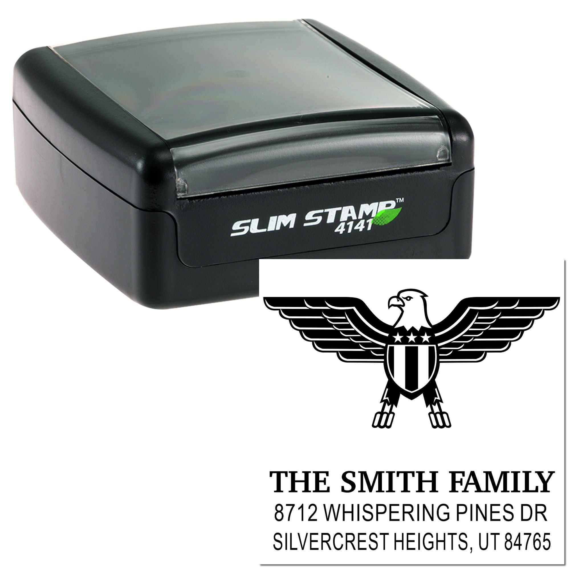 Slim Stamp 4141 custom self-inking rubber stamp with eagle emblem and return address for The Smith Family, Silvercrest Heights, UT 84765