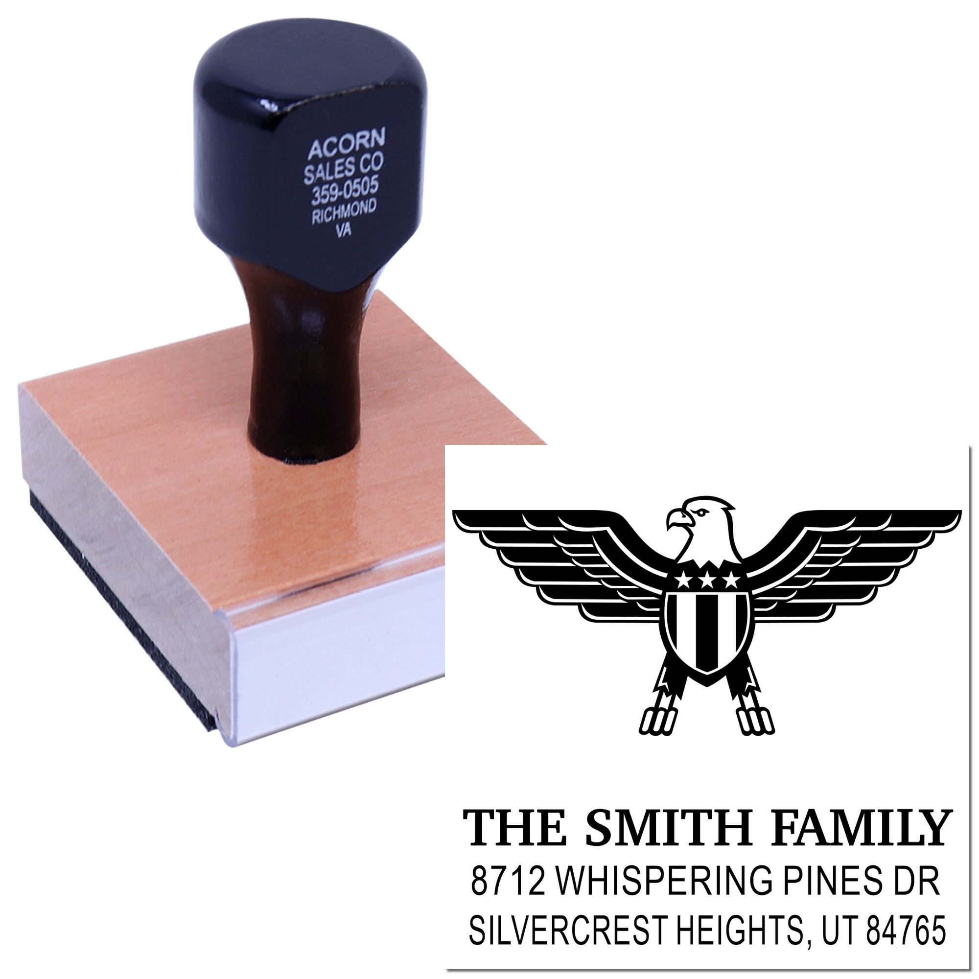 Custom self-inking rubber stamp with eagle emblem and return address for The Smith Family, featuring personalized name and mailing details for home use.
