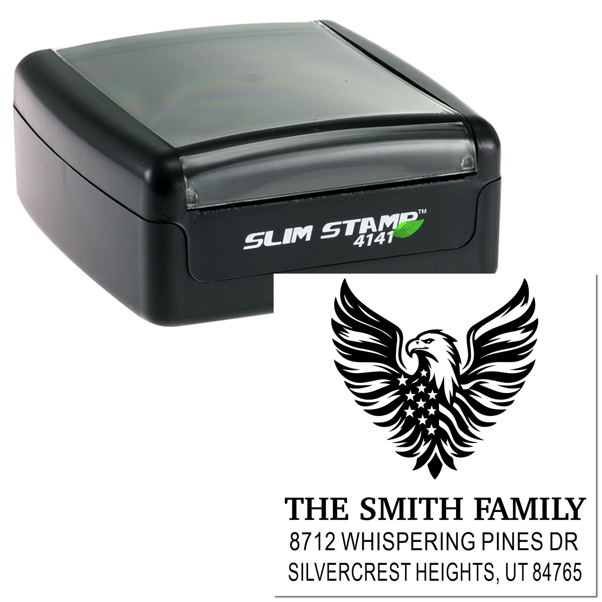 Custom Slim Stamp 4141 rubber stamp with eagle logo, The Smith Family name, and return address for personalized mailing and envelopes