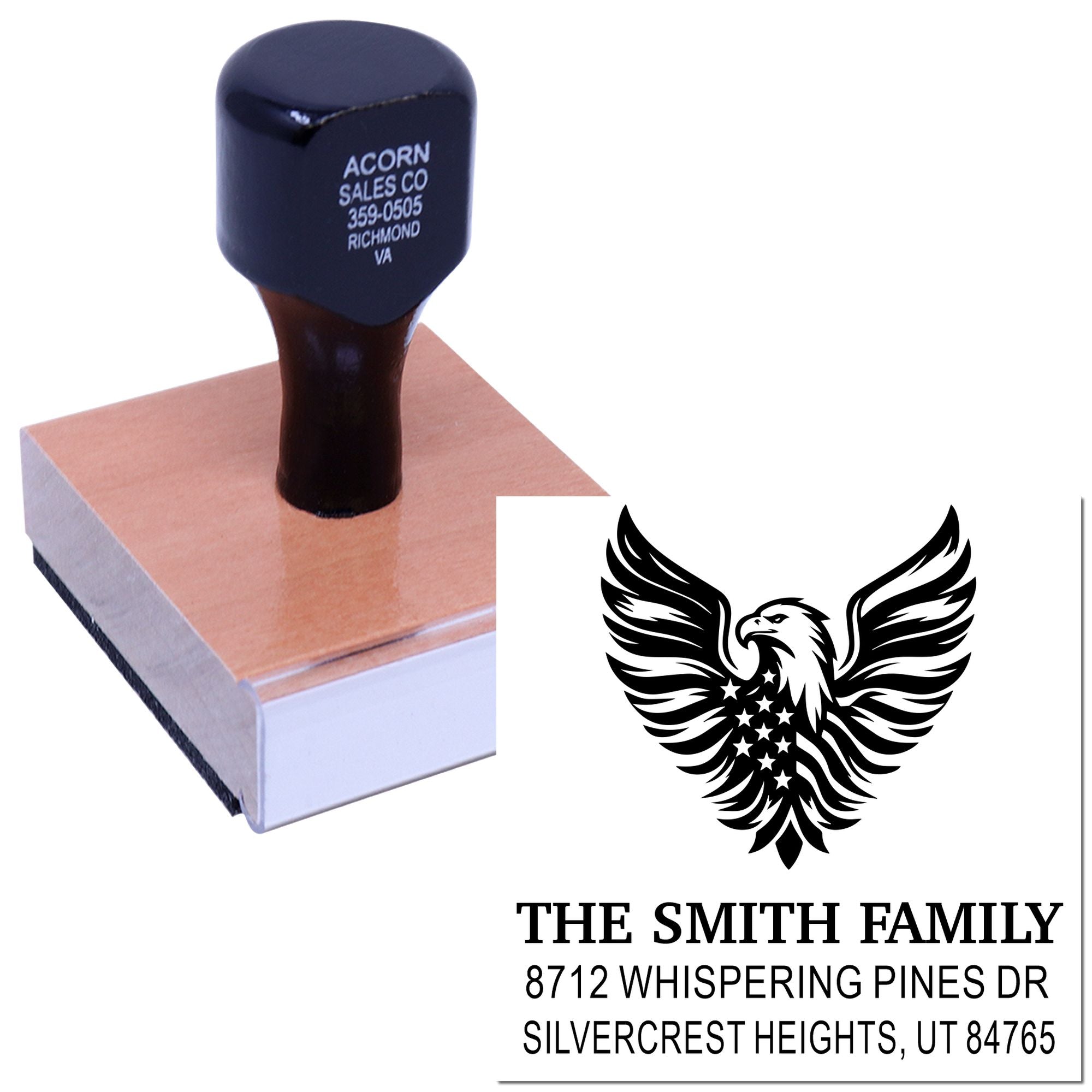 Custom rubber stamp with eagle logo, family name and address, ideal for personalized mailing, envelopes, business correspondence, and return labels.