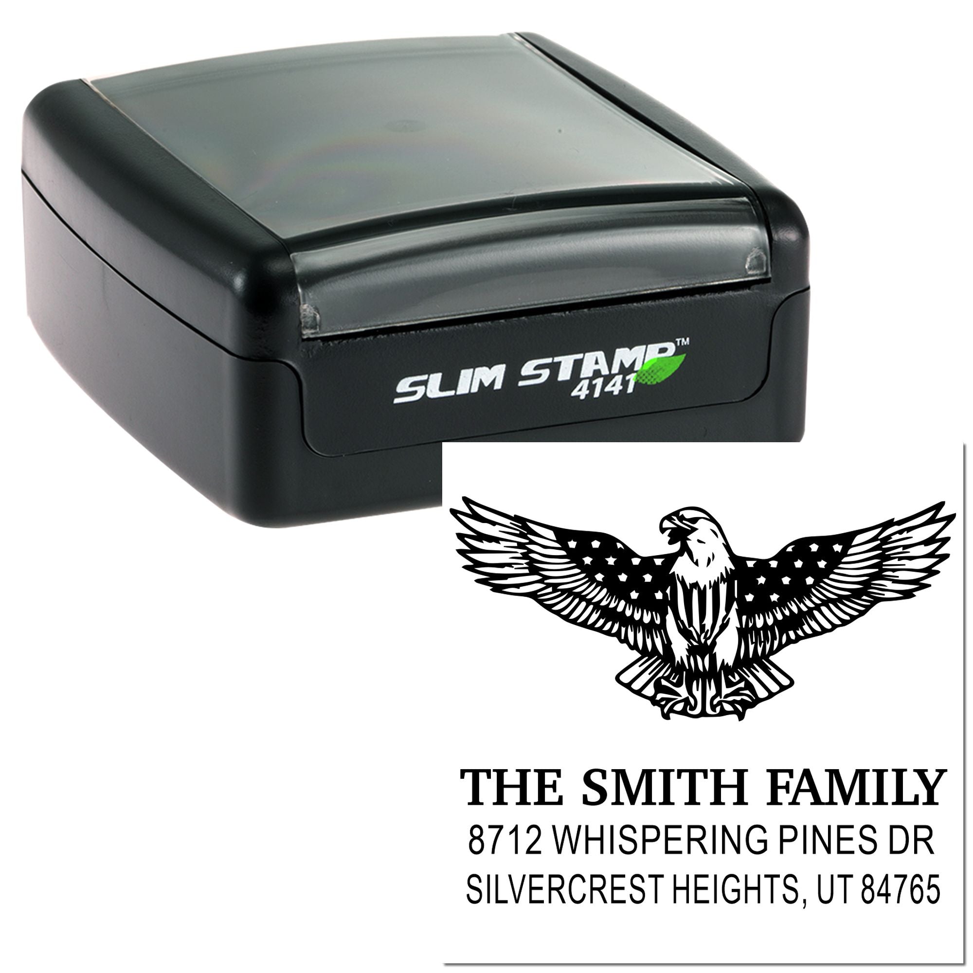 Custom self-inking rubber stamp with eagle design, Smith family name, and return address for envelopes, mailing labels, and stationery