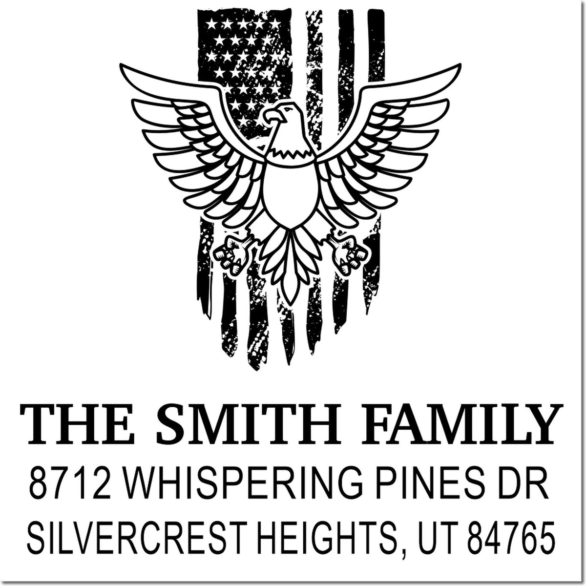 Custom rubber address stamp with patriotic eagle and distressed American flag, personalized Smith family return address, Silvercrest Heights, UT 84765