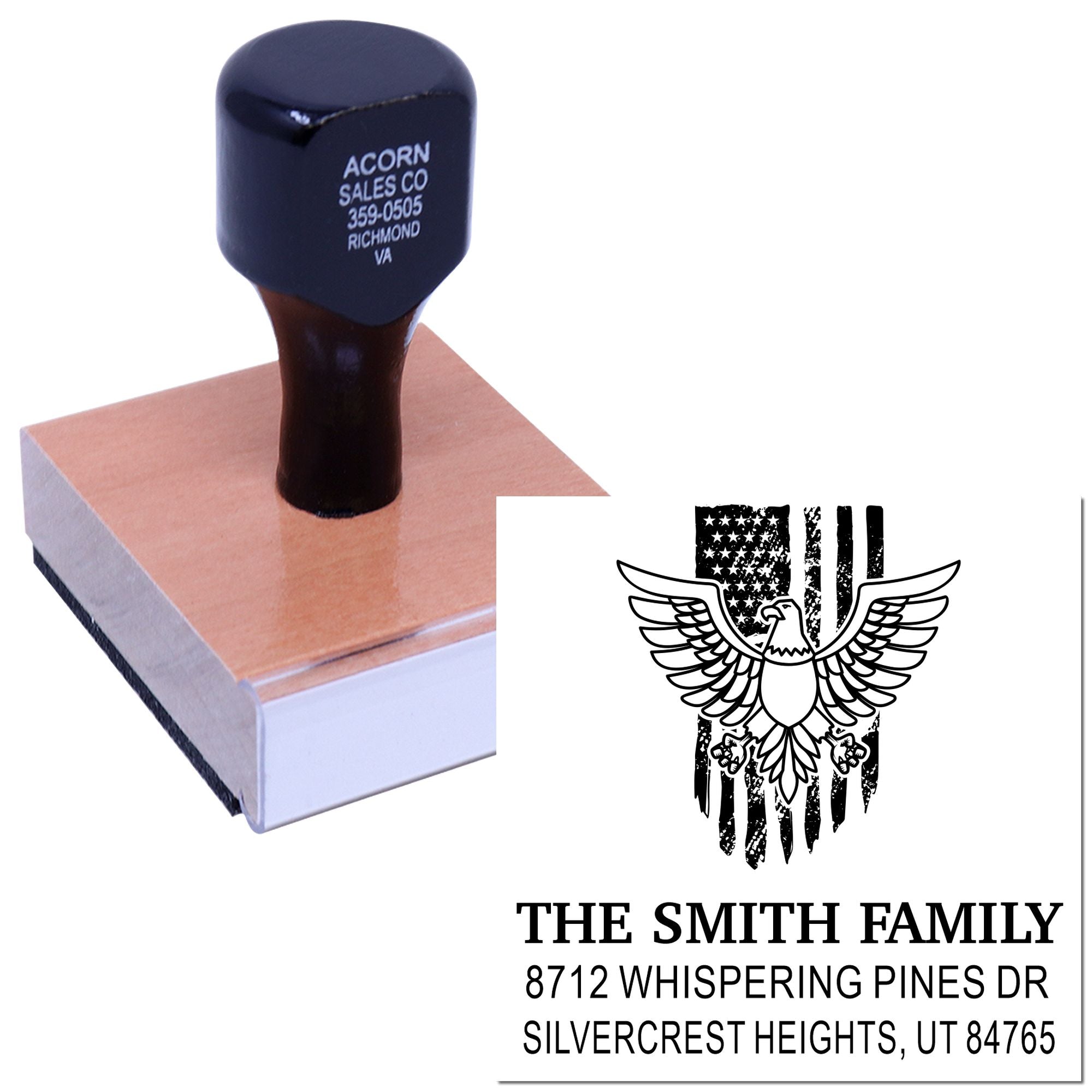 Custom rubber stamp with eagle and distressed American flag design, featuring The Smith Family name and address for mailing, letters, and envelopes.