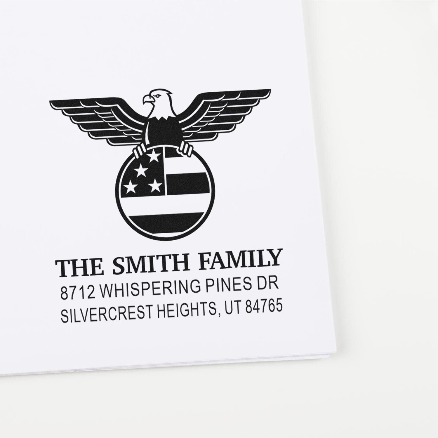 Custom rubber address stamp with eagle and American flag emblem, personalized Smith family return address for mail, envelopes and stationery