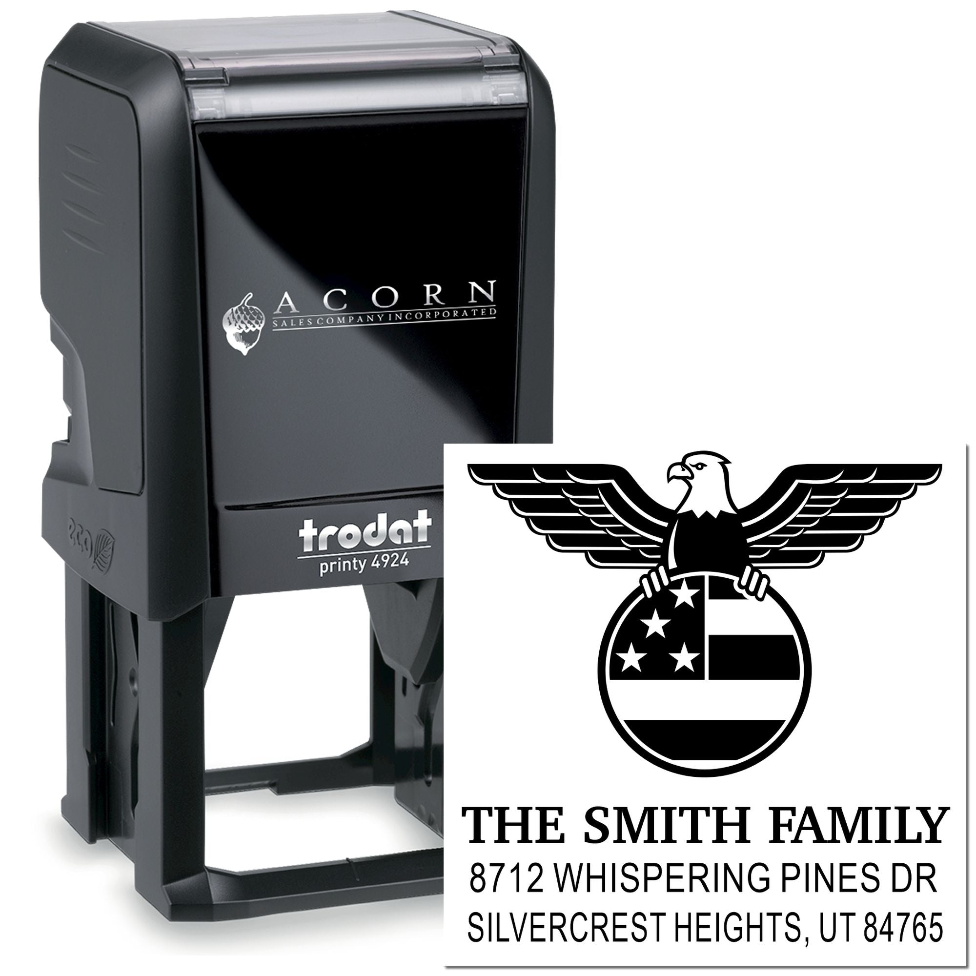 Custom self-inking rubber stamp, Trodat Printy 4924, with personalized family address and eagle monogram design for mailing and branding uses