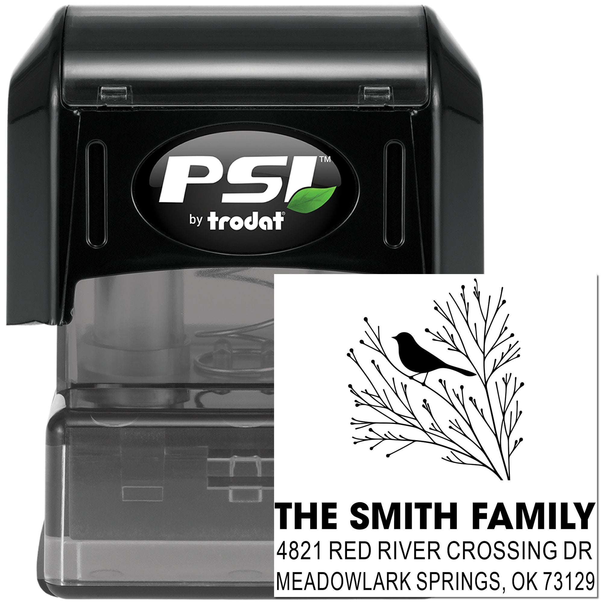 PSI by Trodat self-inking rubber address stamp with bird branch design, custom family name and return address for mailing and correspondence