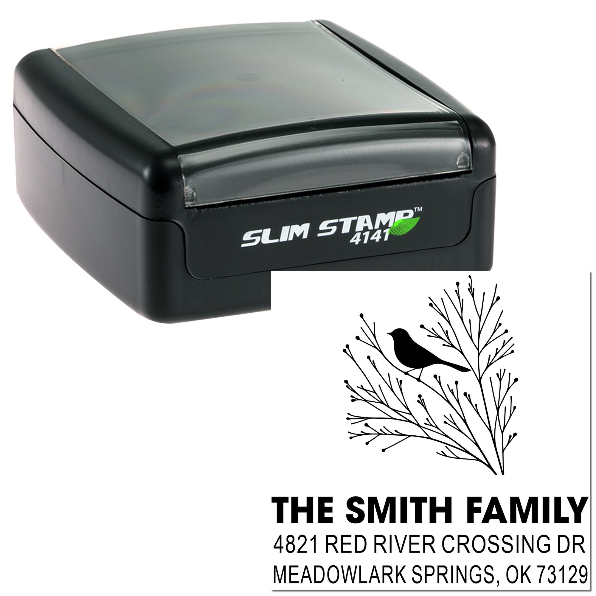 Slim Stamp 4141 custom address rubber stamp with bird and branch design, featuring The Smith Family name and Meadowlark Springs OK return address.