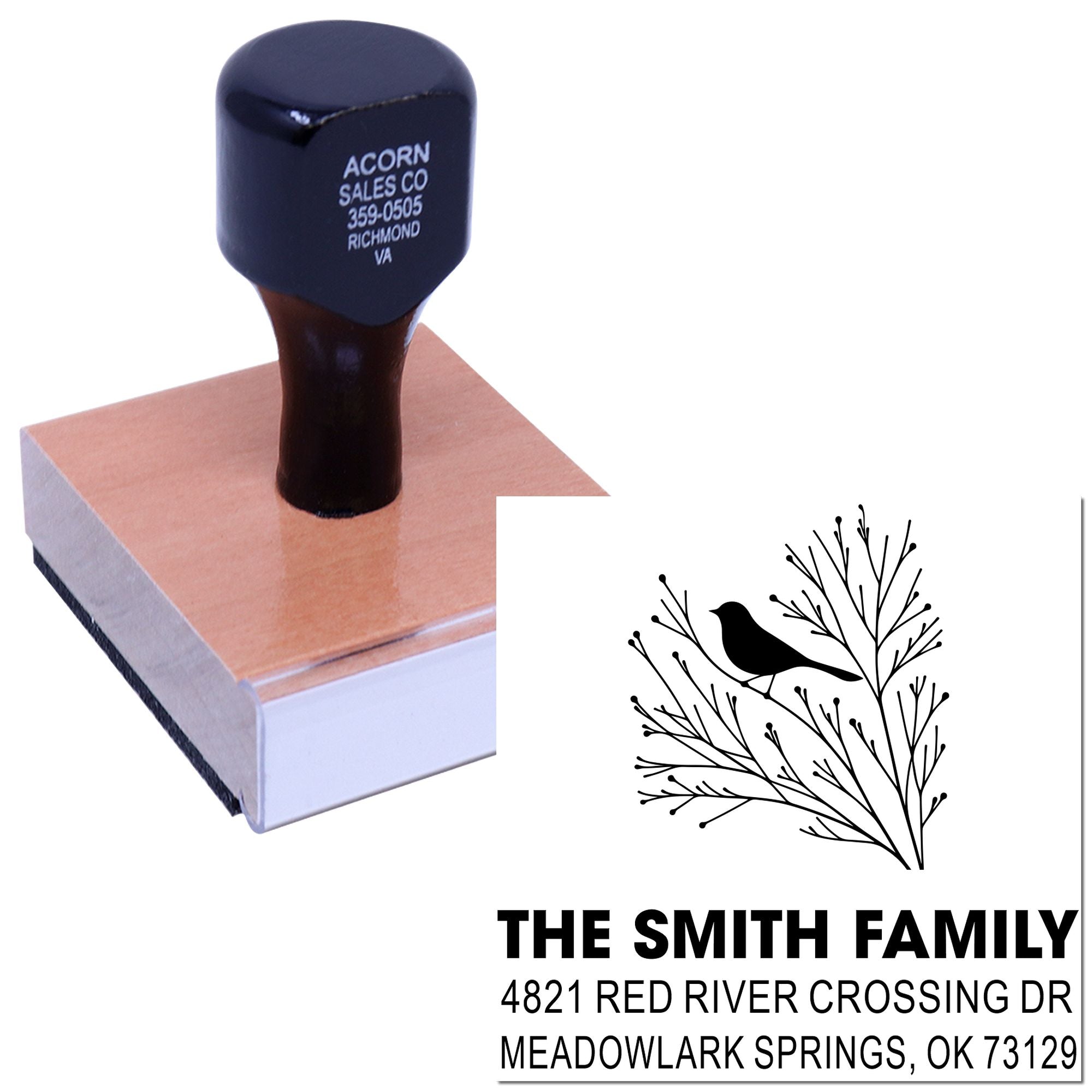 Custom address rubber stamp with bird and tree design, personalized family name, street address and city state for mailing and craft use.