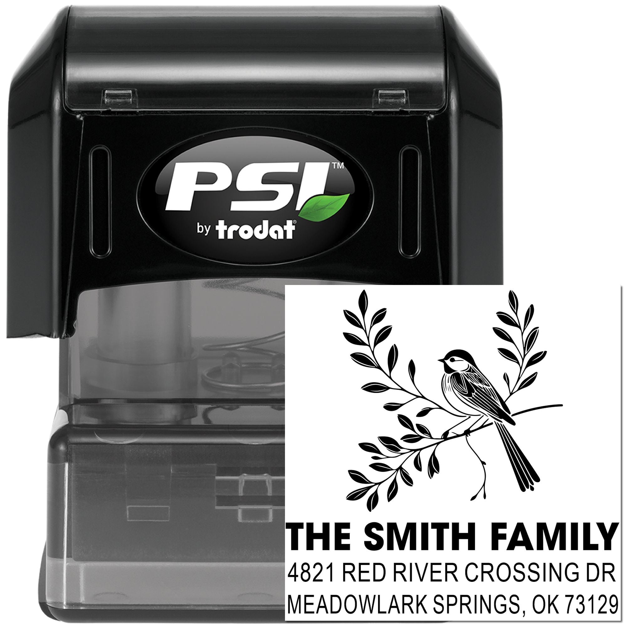 Custom self-inking return address stamp with bird and branch design, The Smith Family address, black PSI by Trodat rubber stamp for mailing.