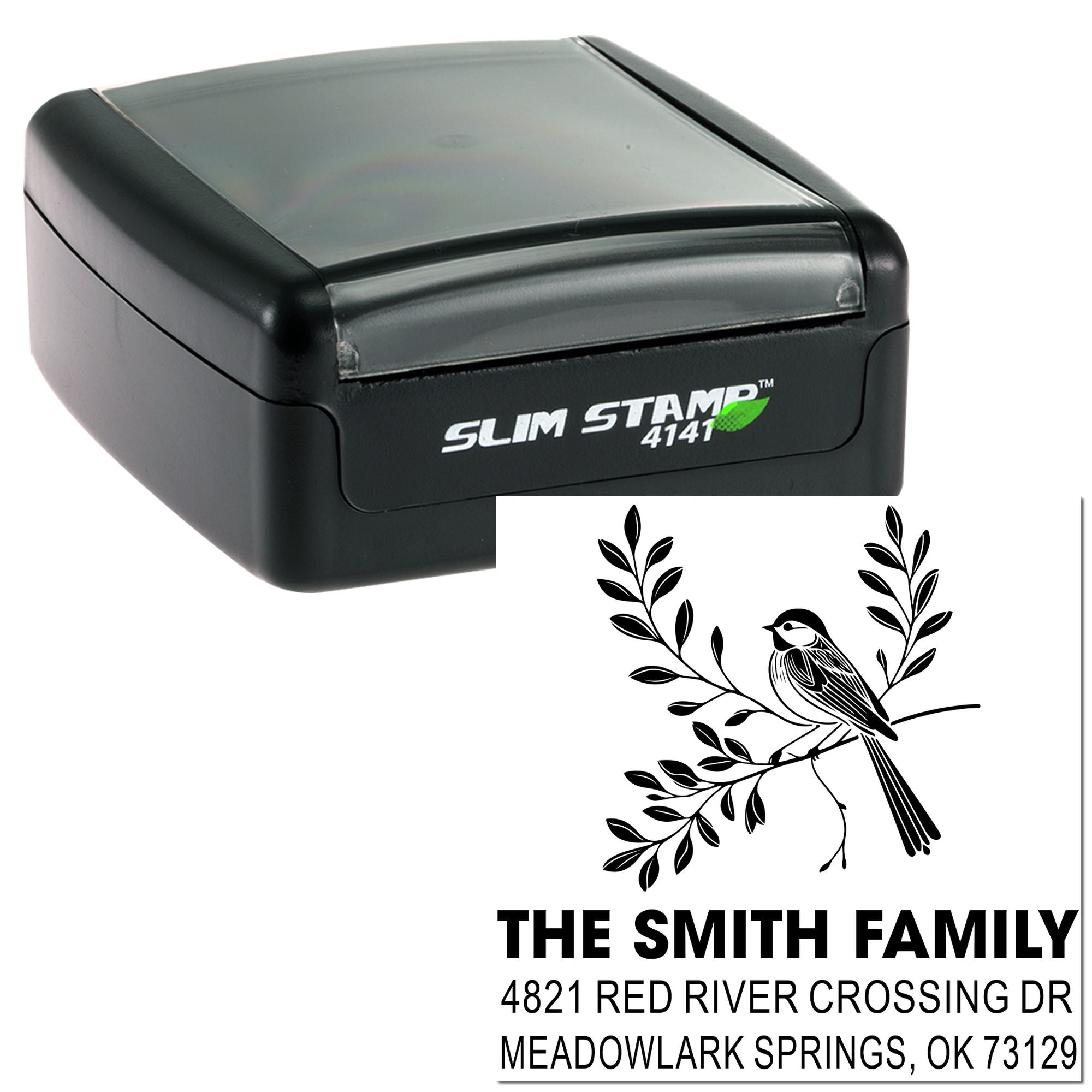 Self-inking slim stamp with custom bird and branch return address design for The Smith Family, personalized rubber stamp for mailing.