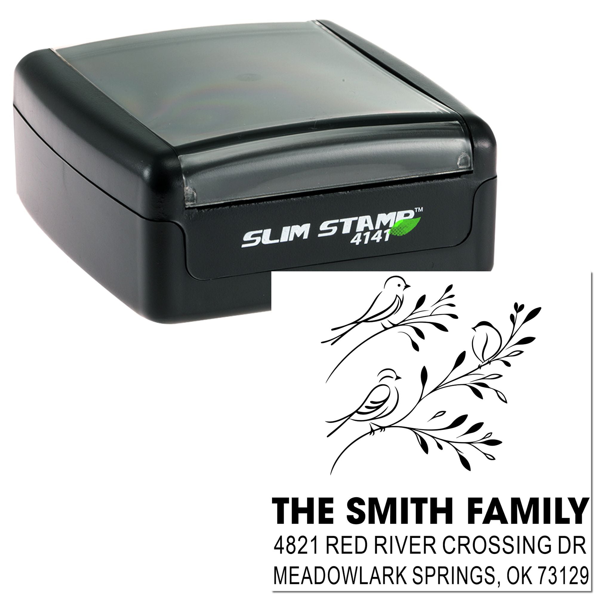Custom return address self-inking rubber stamp with bird design, The Smith Family name, and Meadowlark Springs, OK address, Slim Stamp 4141 style