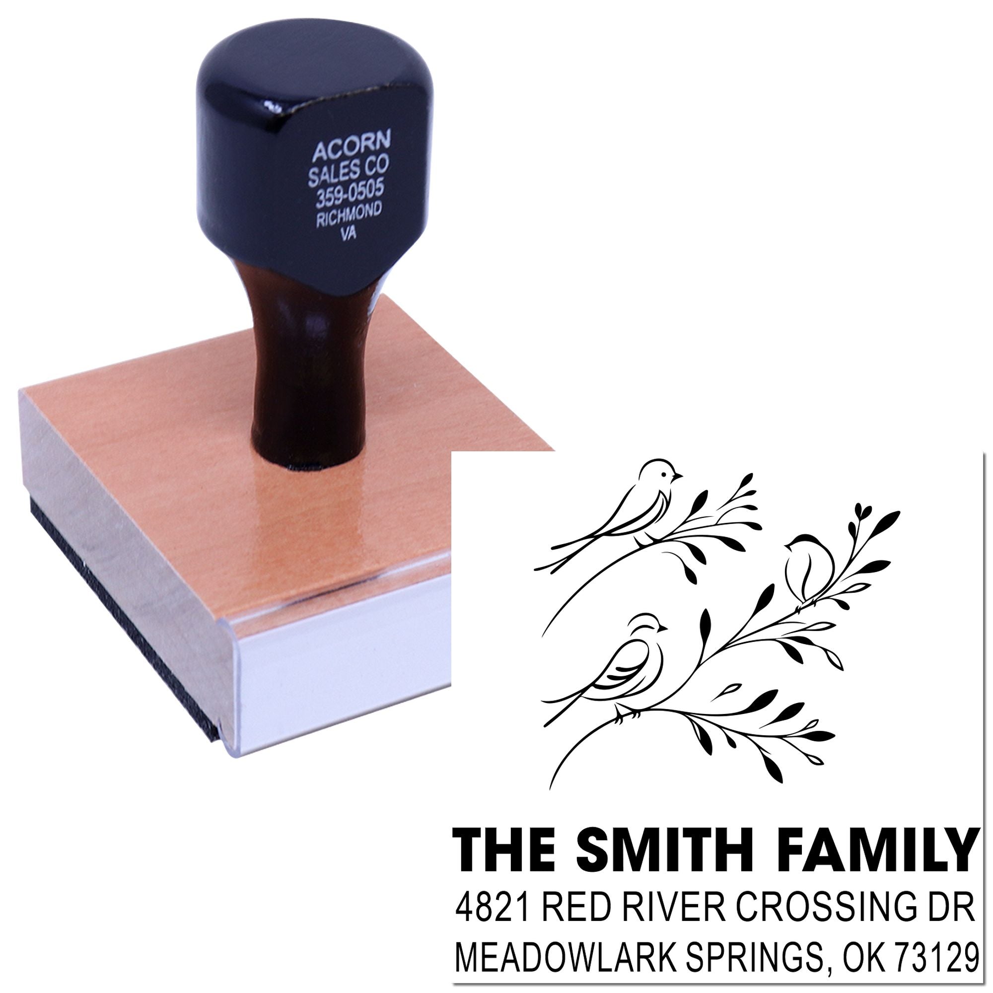 Custom rubber address stamp with bird branch design, personalized family name and mailing address, mounted on wooden handle for envelope stamping