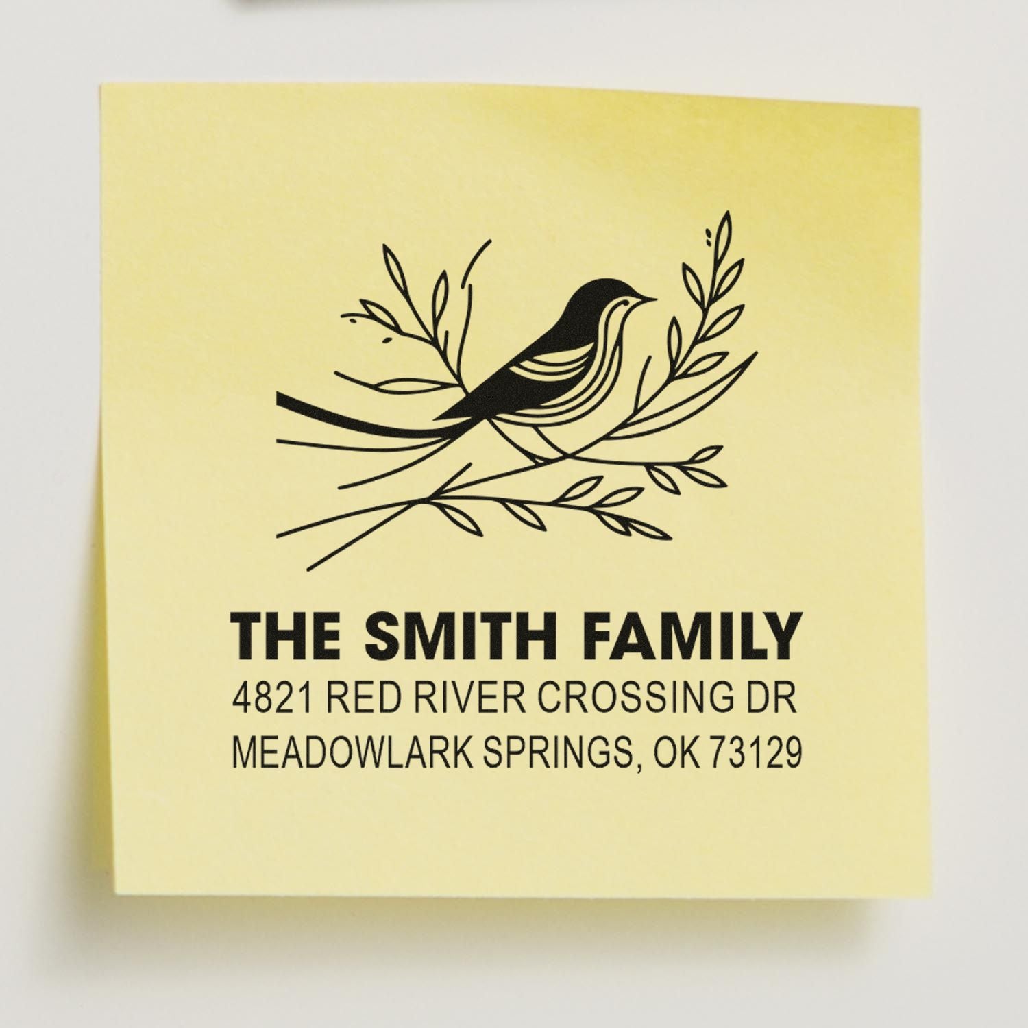 Custom family address rubber stamp with bird and branch design, personalized return address for envelopes, wedding invitations, and home stationery