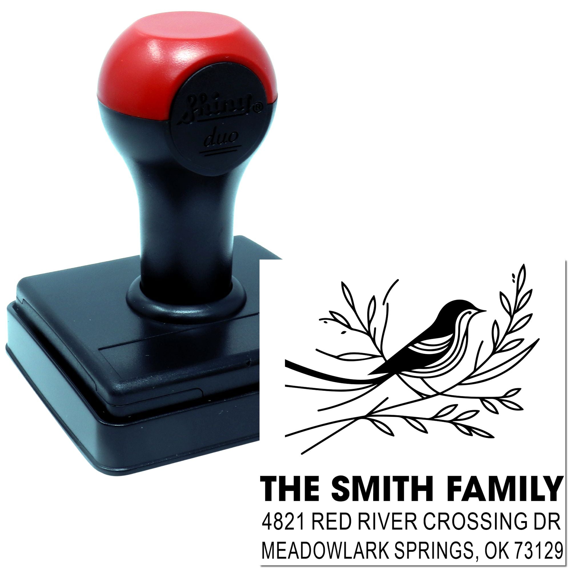 Custom self-inking rubber address stamp with bird design, The Smith Family name, and Meadowlark Springs, OK return address for mailing envelopes