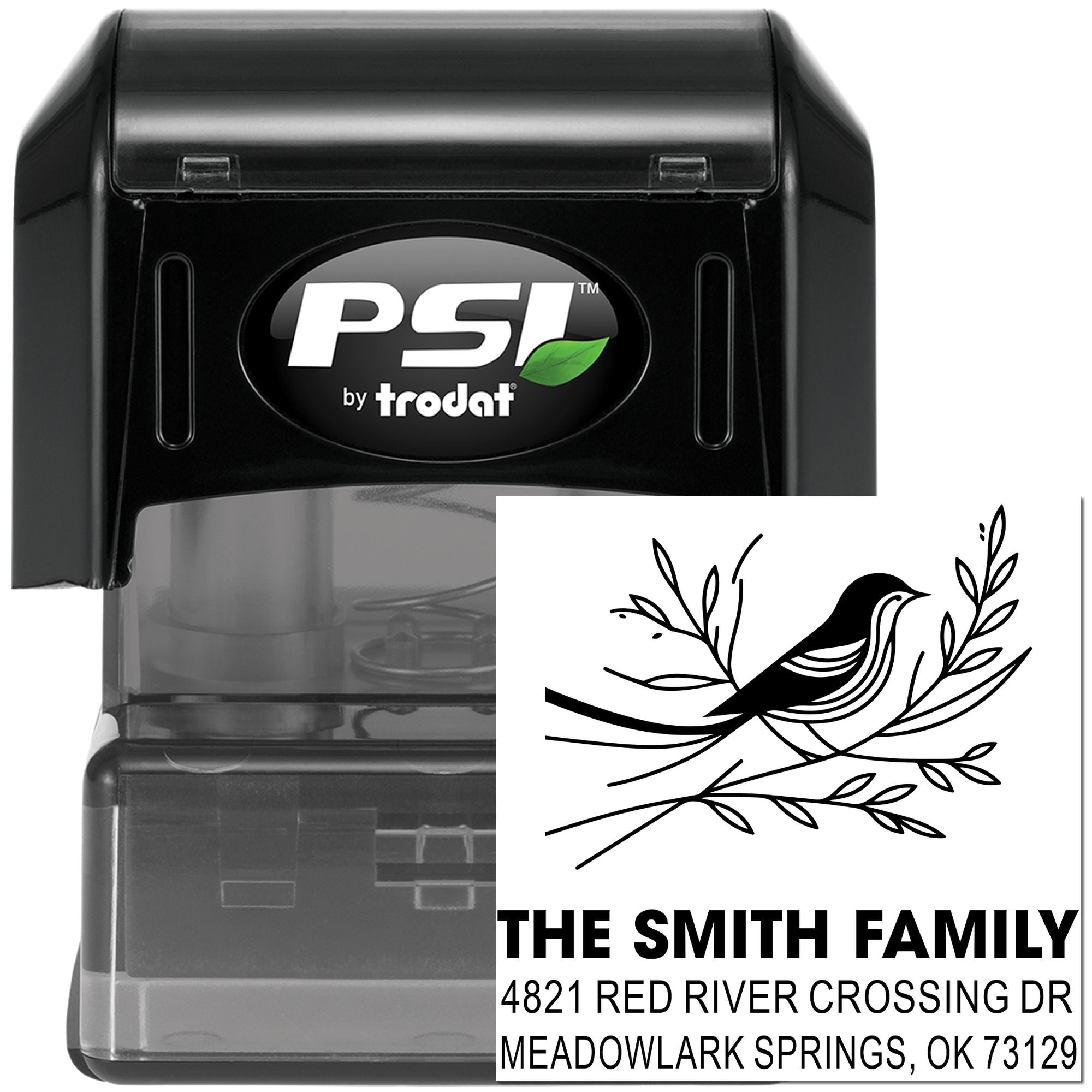 Custom self-inking address stamp with bird design, PSI by Trodat rubber stamp, personalized family return address stamper for home mailing.